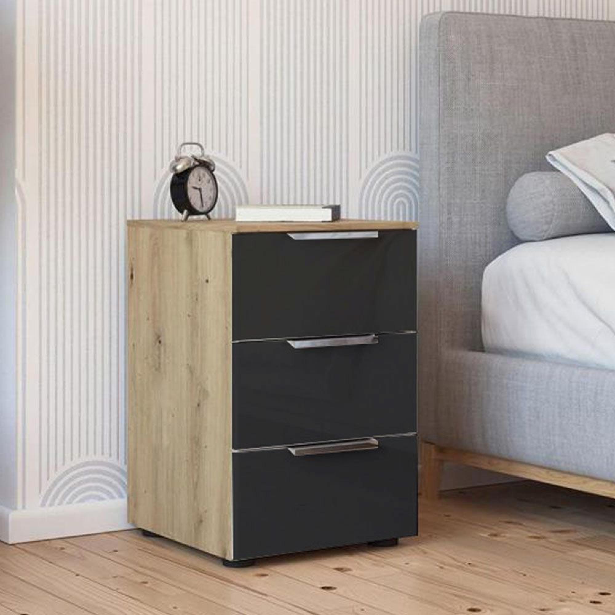 Rauch Flipp 3 Drawer Bedside Cabinet with Adjustable Height - Artisan Oak and Basalt Glass