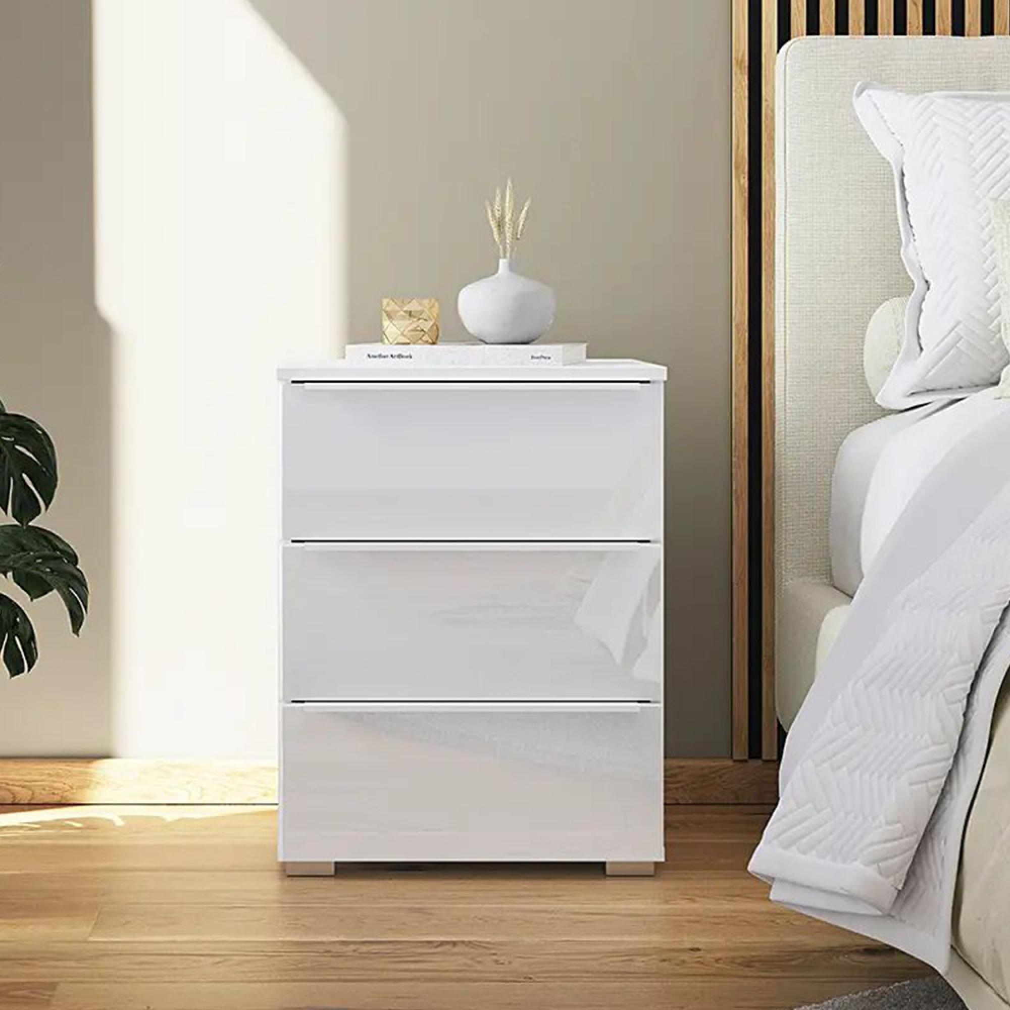 Rauch Monostar 3 Drawer Bedside Cabinet - Alpine White with White Glass