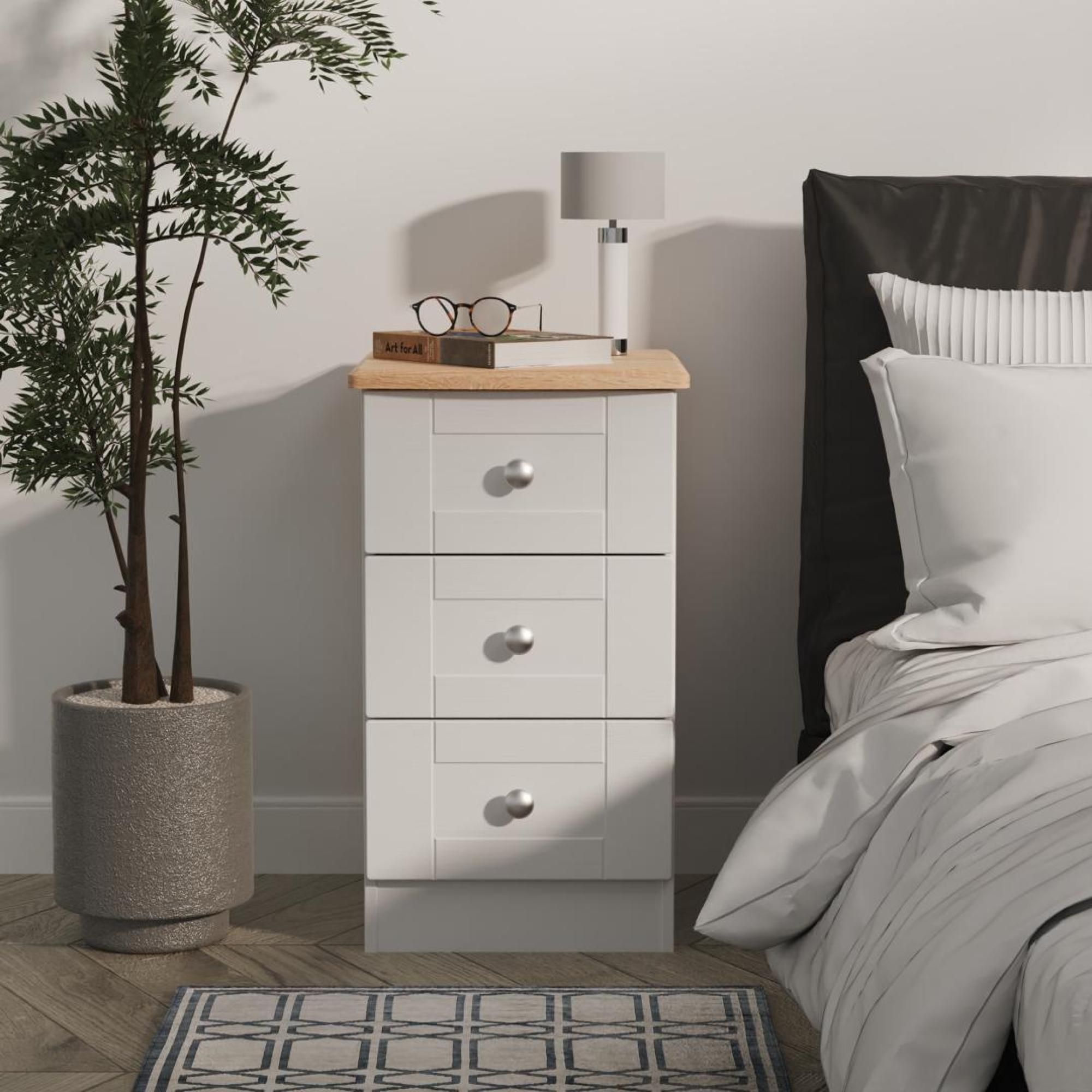 Sussex Bedside Cabinet - 3 Drawer - Grey and Oak