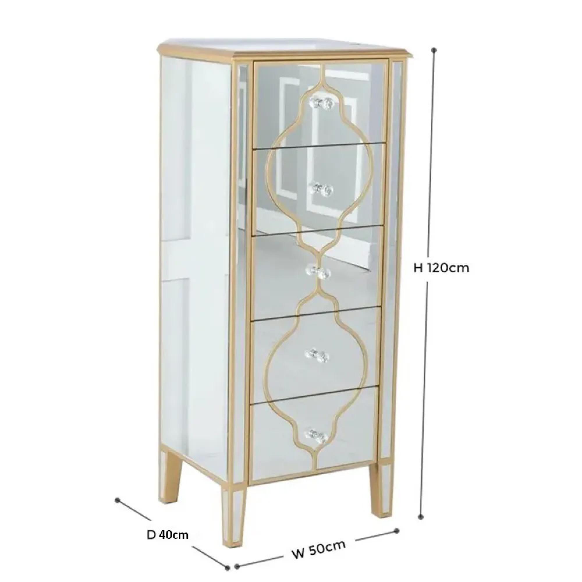 Casablanca Narrow Chest - 5 Drawer - Mirrored - Gold Trim