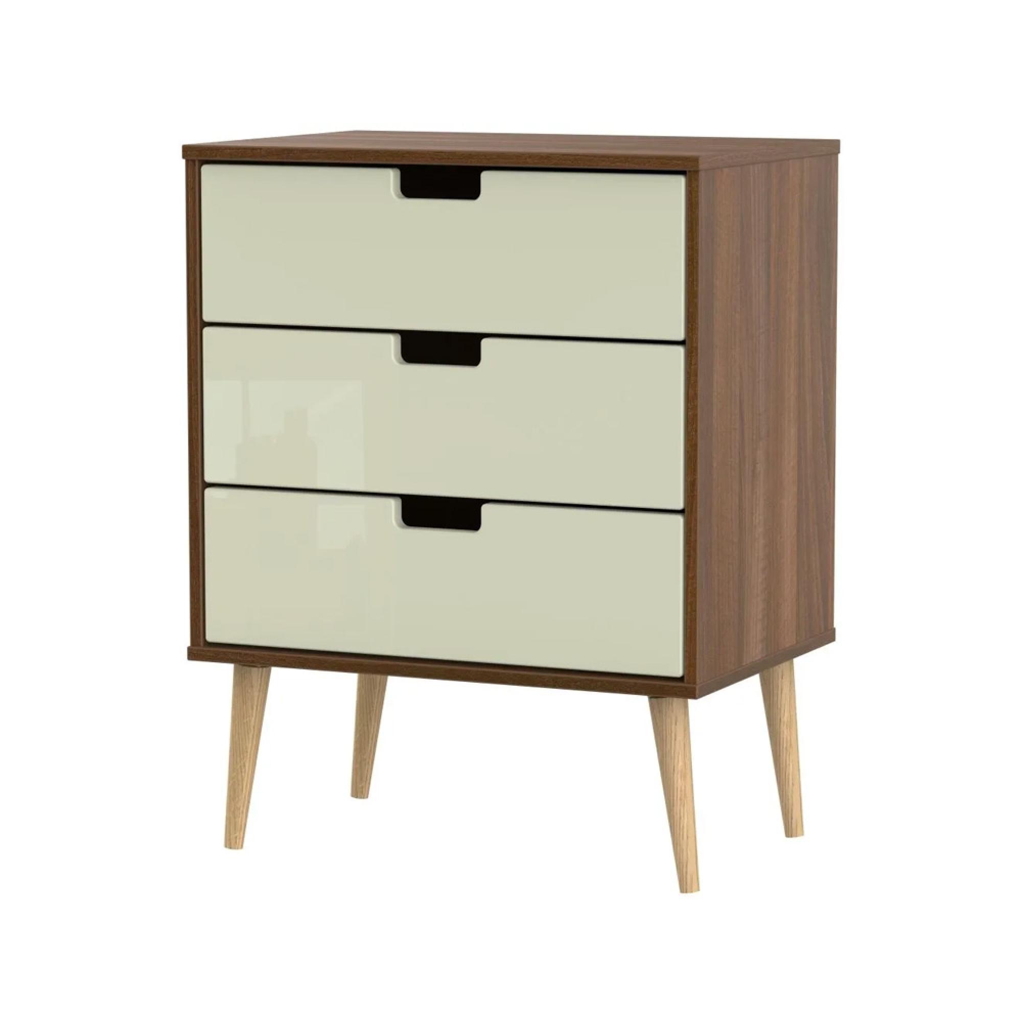 Shanghai Midi Chest - 3 Drawer - Natural Legs - Cream Gloss and Walnut