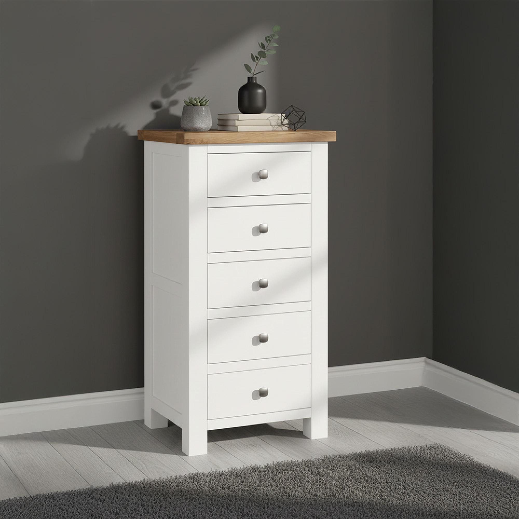 Lundy Narrow Chest - 5 Drawer - White Painted