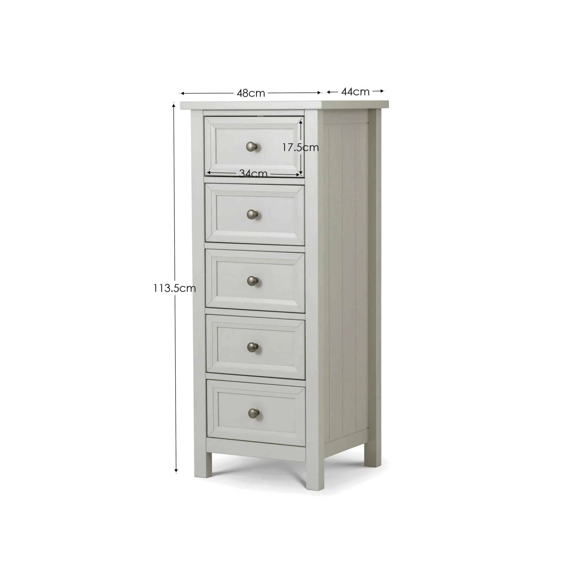 Maine Chest of Drawers - 5 Drawer - Narrow - Grey