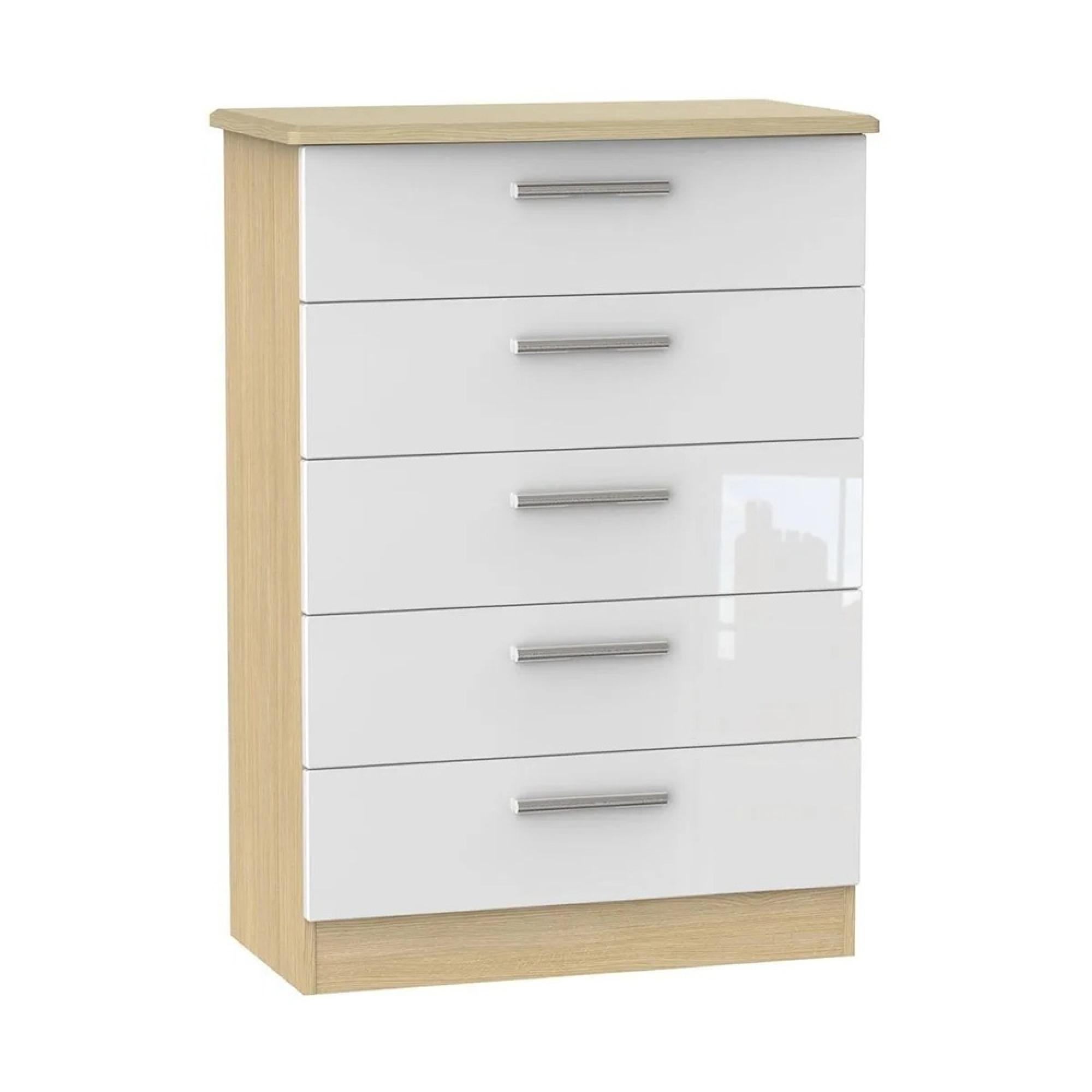 Knightsbridge Chest - 5 Drawer - White Gloss and Light Oak