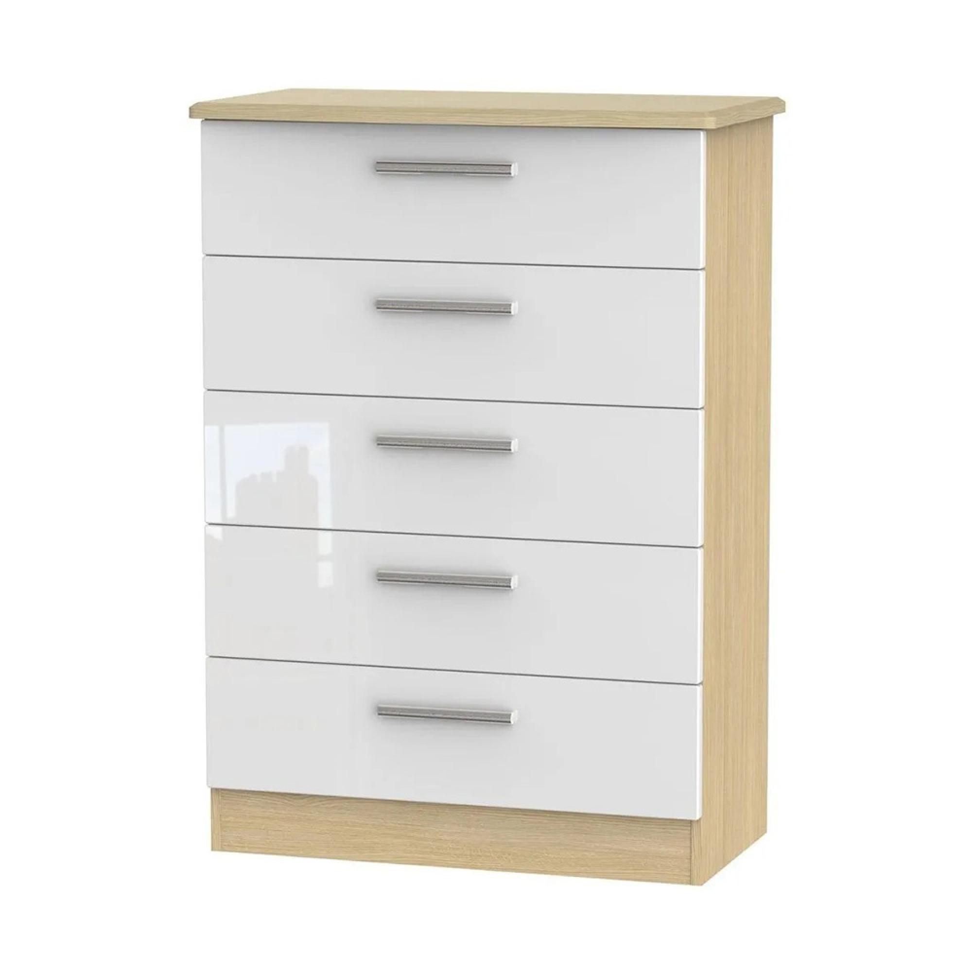 Knightsbridge Chest - 5 Drawer - White Gloss and Light Oak