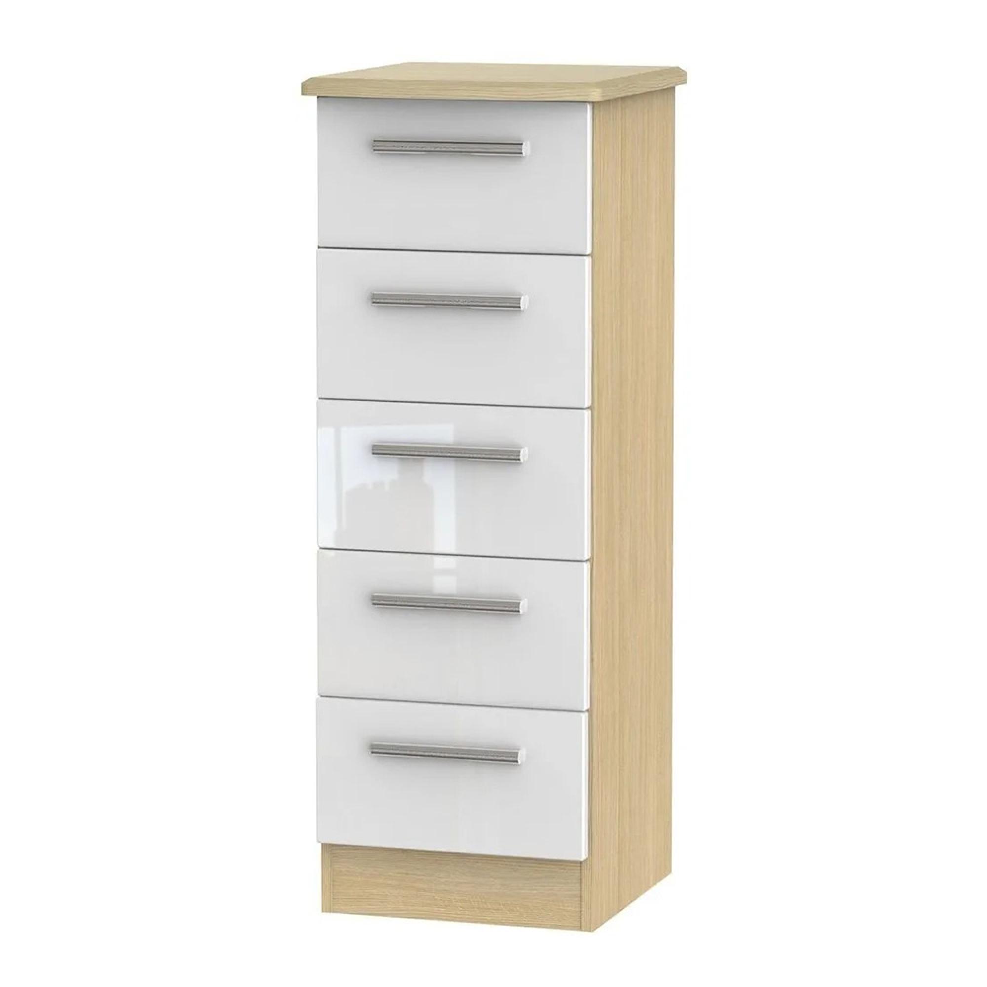 Knightsbridge Chest - Narrow - 5 Drawer - White Gloss and Light Oak