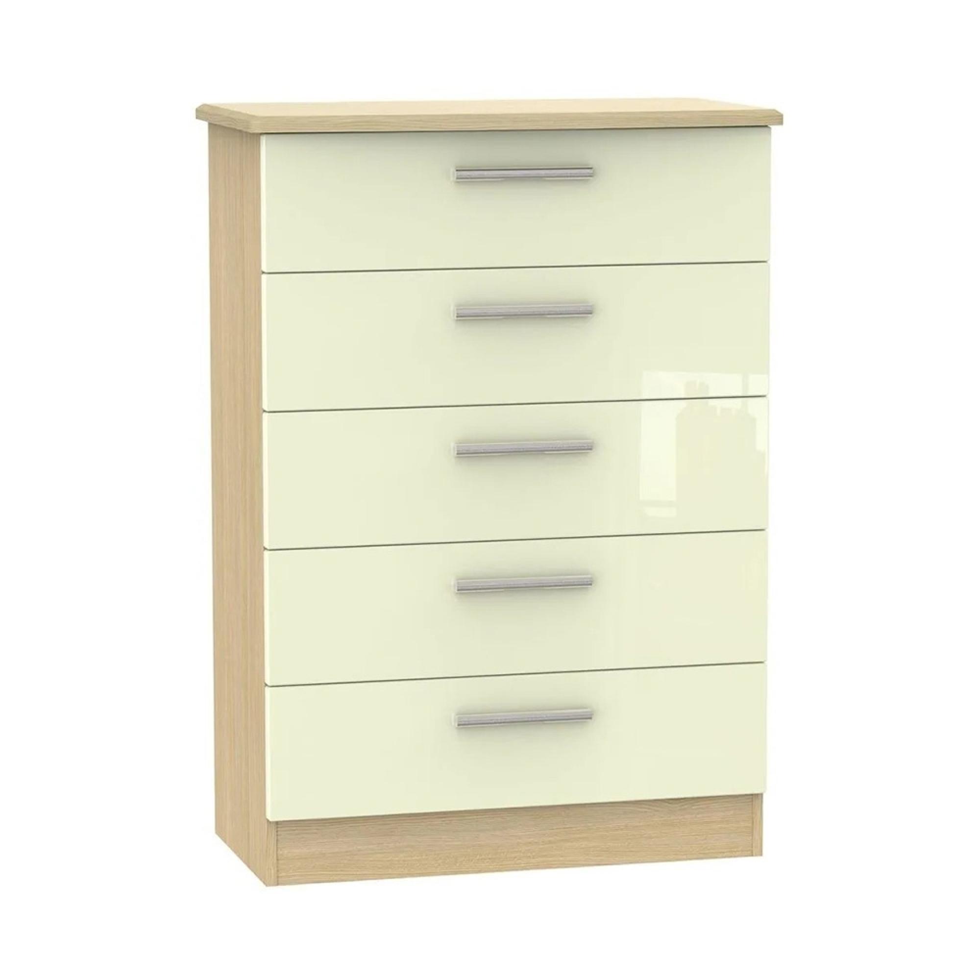 Knightsbridge Chest - 5 Drawer - Cream Gloss and Light Oak