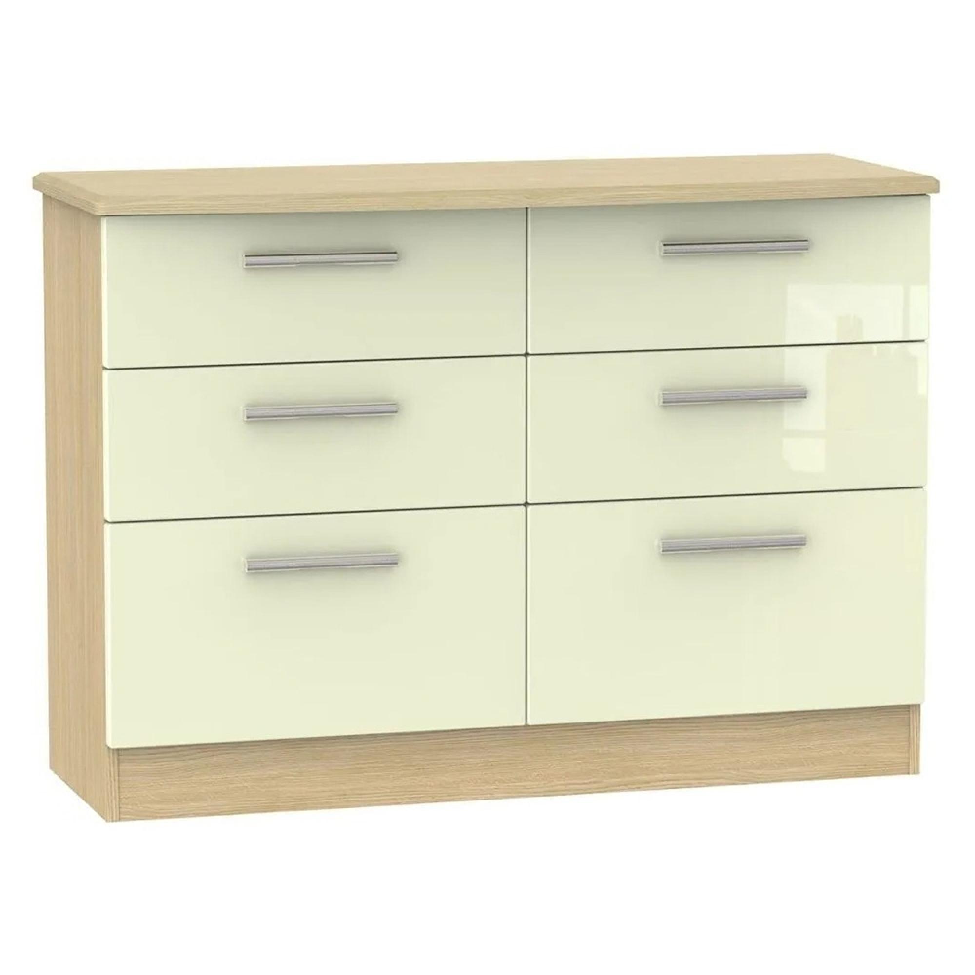 Knightsbridge Midi Chest - 6 Drawer - Cream Gloss and Light Oak