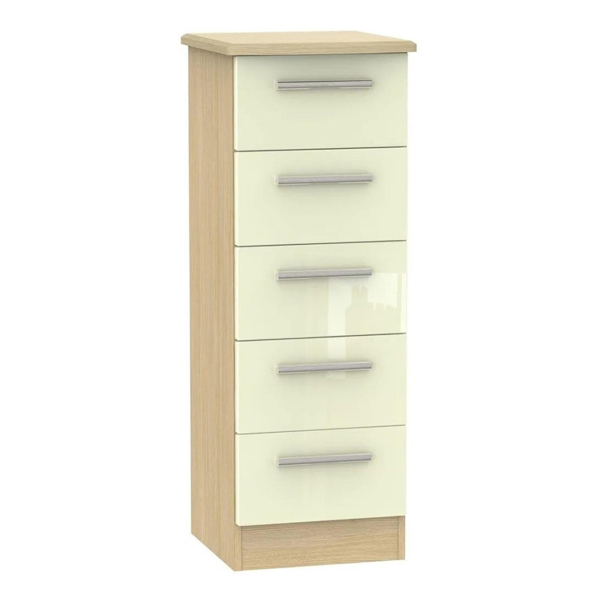 Knightsbridge Narrow Chest - 5 Drawer - Cream Gloss and Light Oak