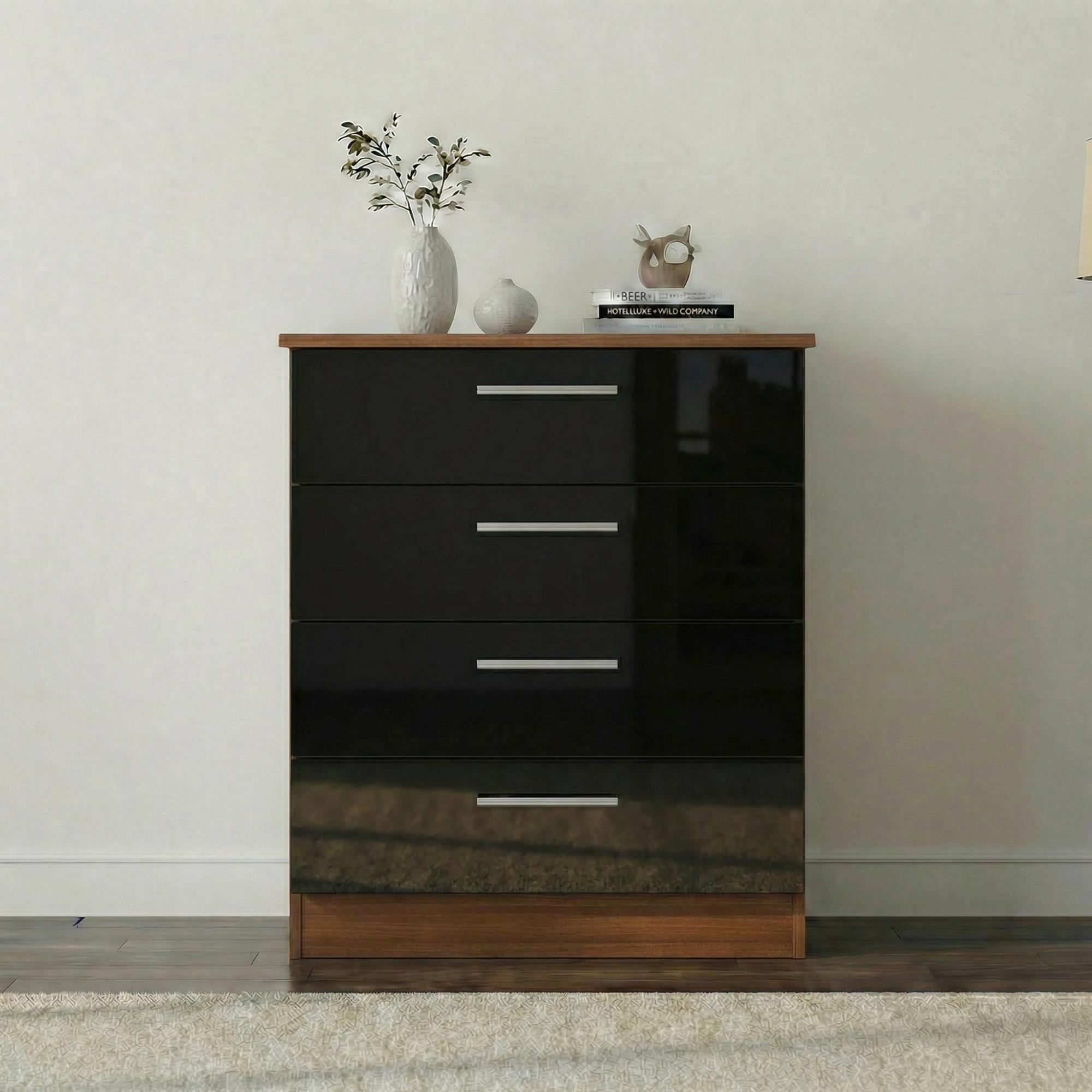 Knightsbridge Chest - 4 Drawer - Black Gloss and Walnut