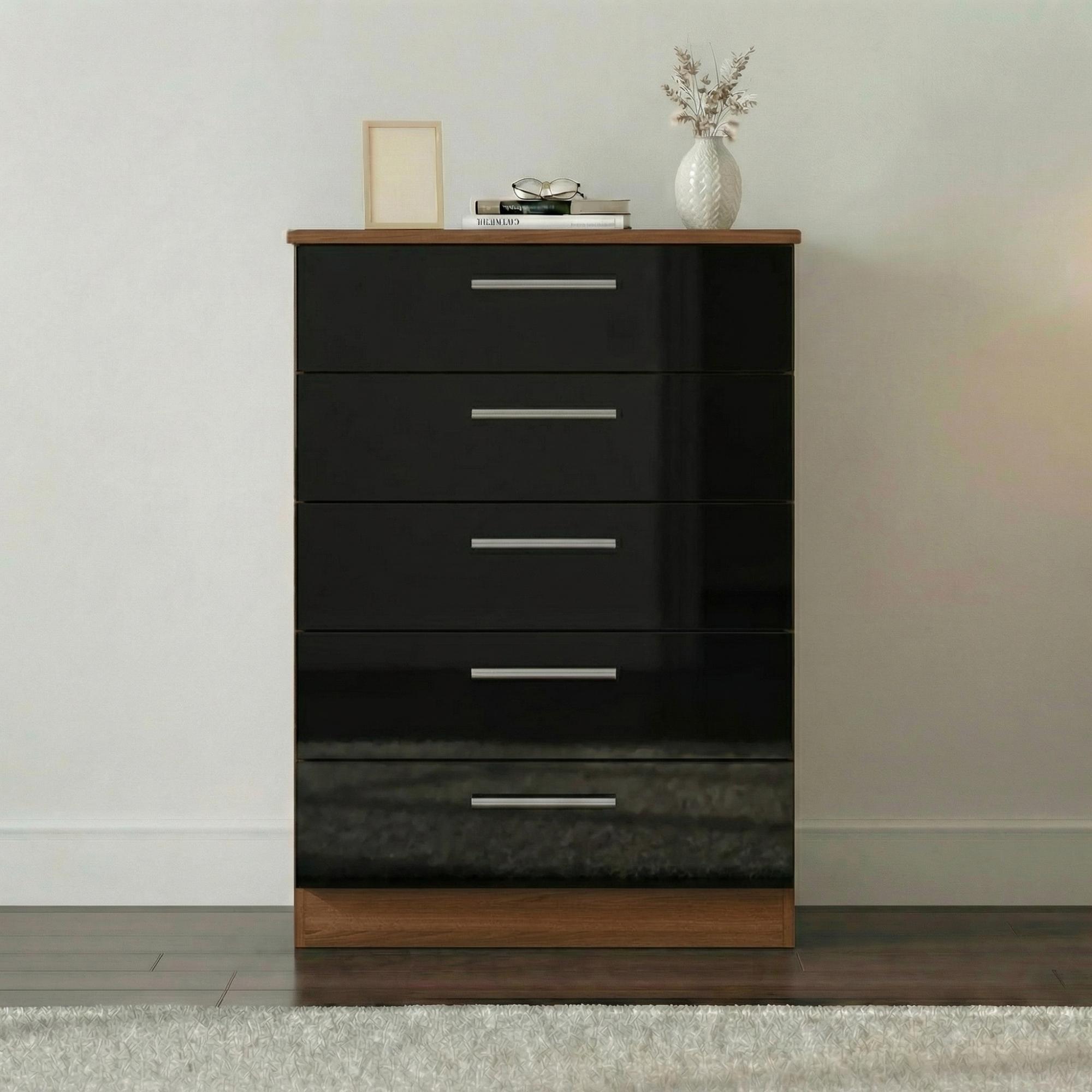 Knightsbridge Chest - 5 Drawer - Black Gloss and Walnut