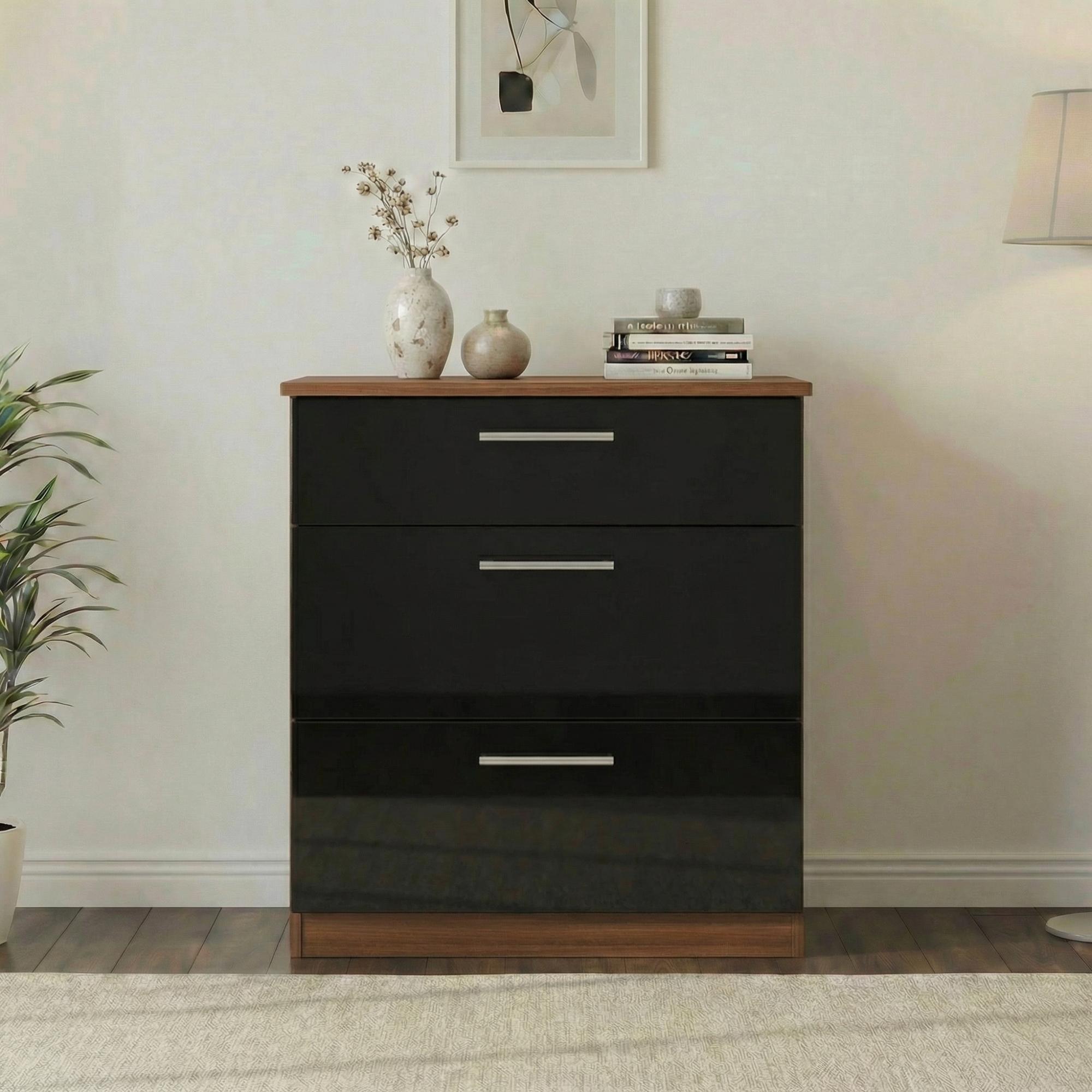 Knightsbridge Deep Chest - 3 Drawer - Black Gloss and Walnut