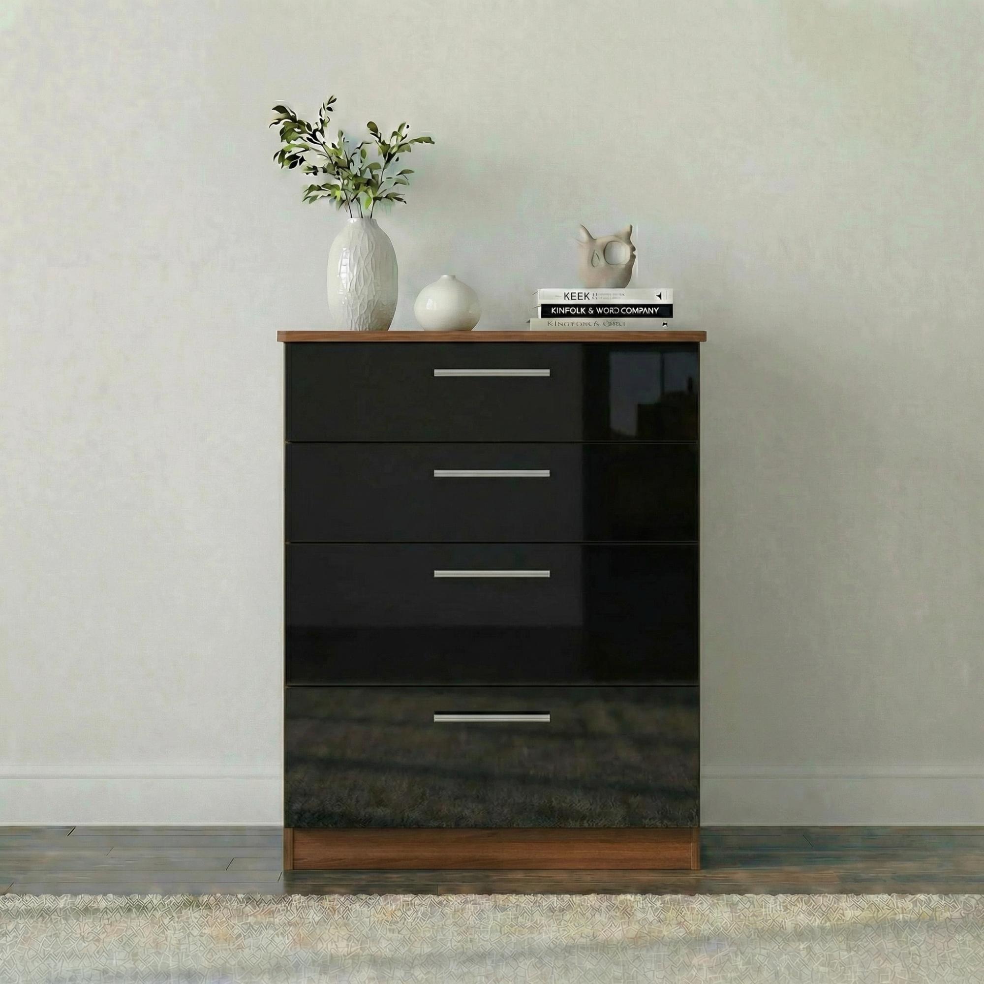 Knightsbridge Deep Chest - 4 Drawer - Black Gloss and Walnut