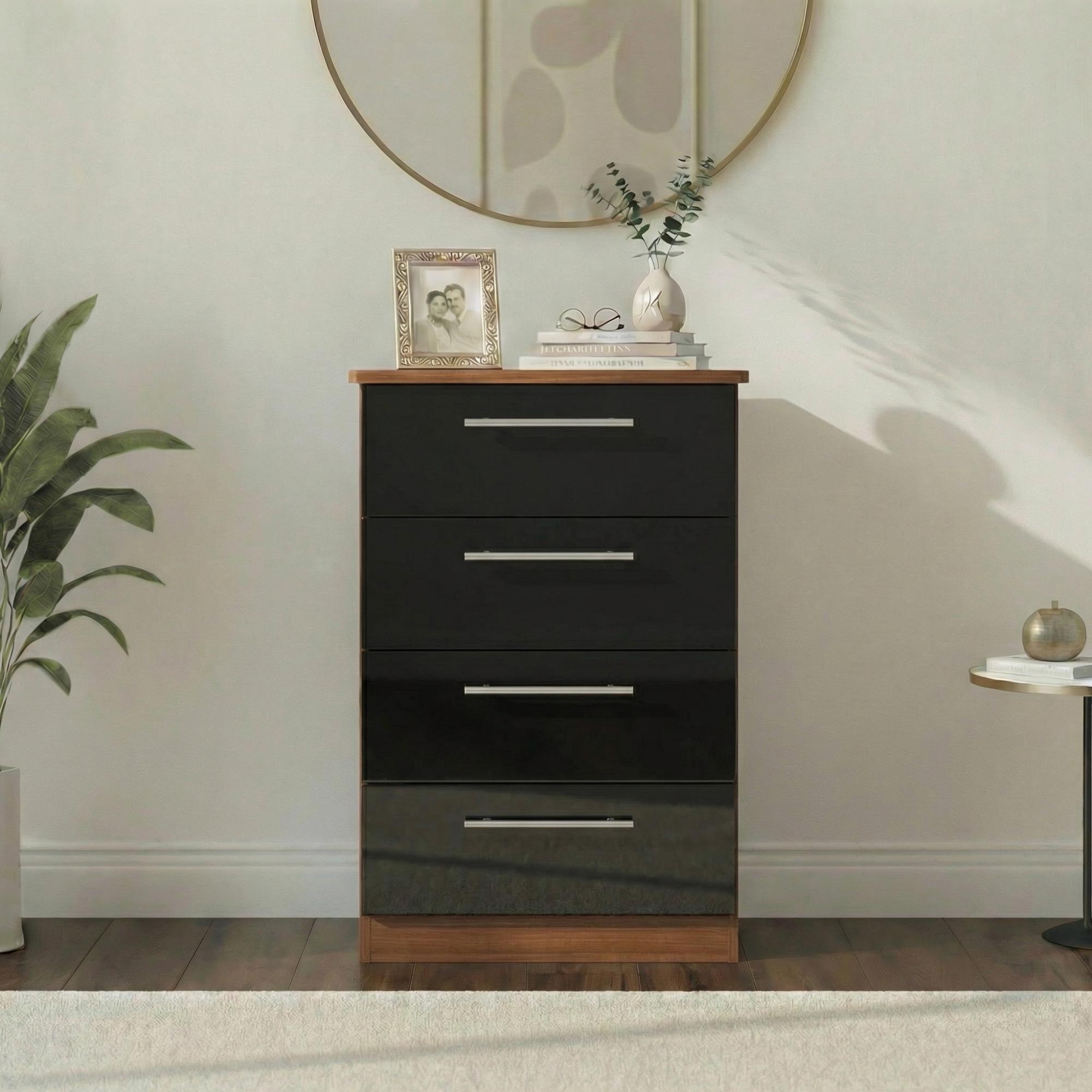Knightsbridge Midi Chest - 4 Drawer - Black Gloss and Walnut