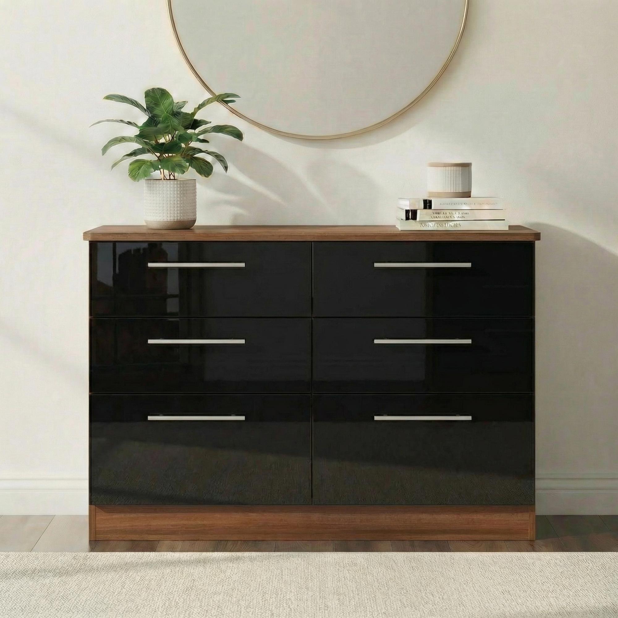 Knightsbridge Midi Chest - 6 Drawer - Black Gloss and Walnut