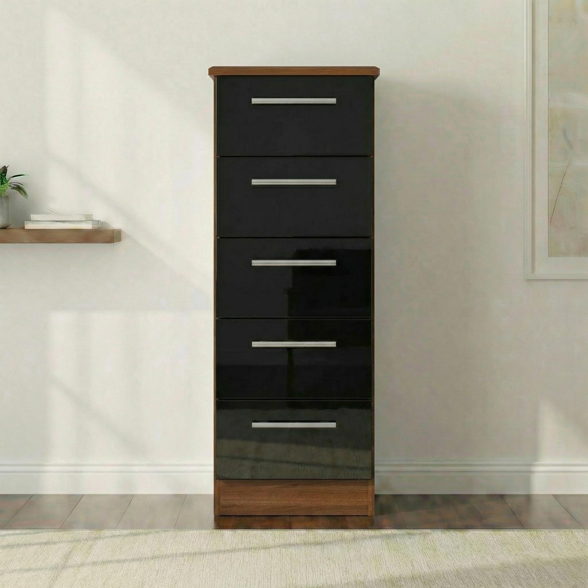 Knightsbridge Narrow Chest - 5 Drawer - Black Gloss and Walnut