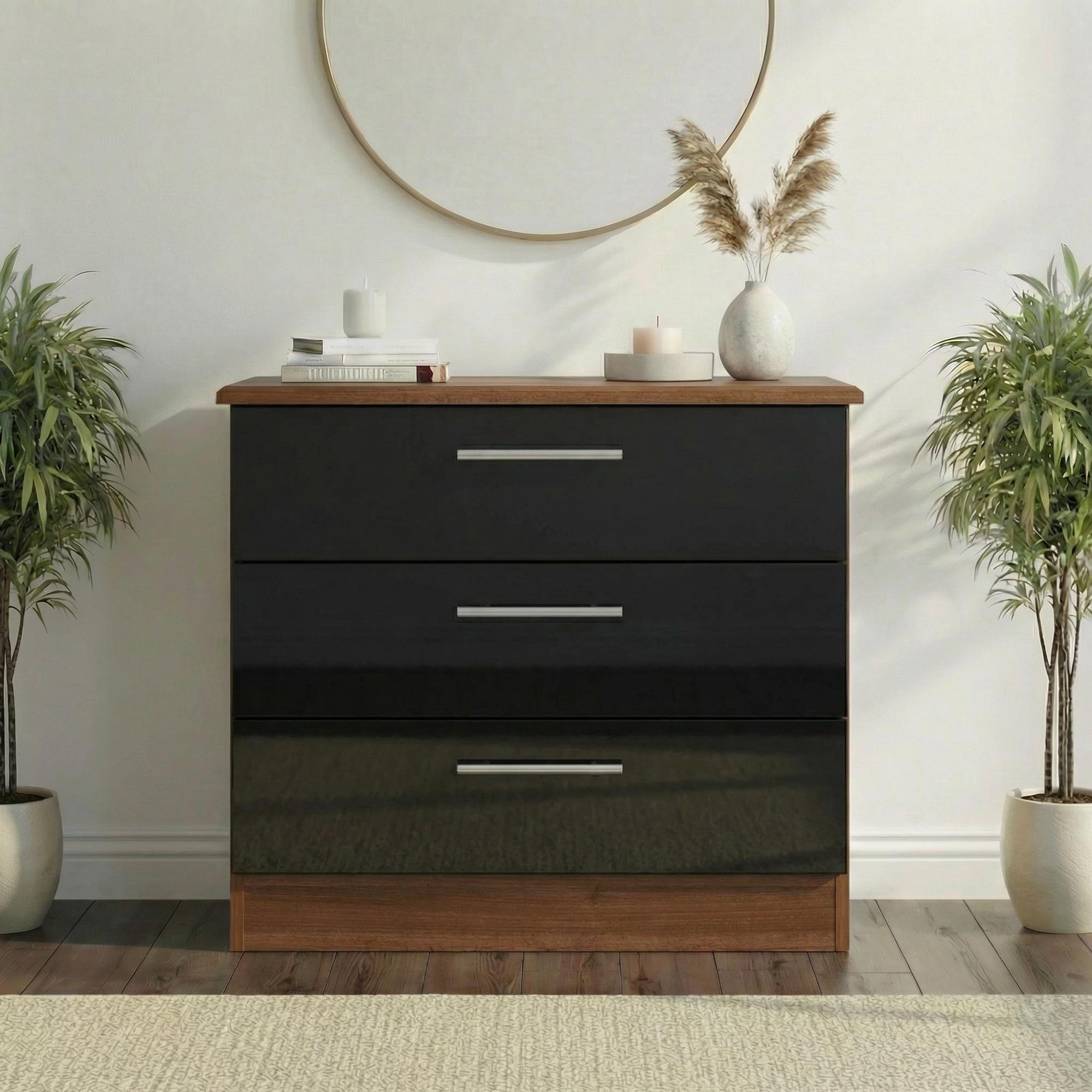 Knightsbridge Small Chest - 3 Drawer - Black Gloss and Walnut