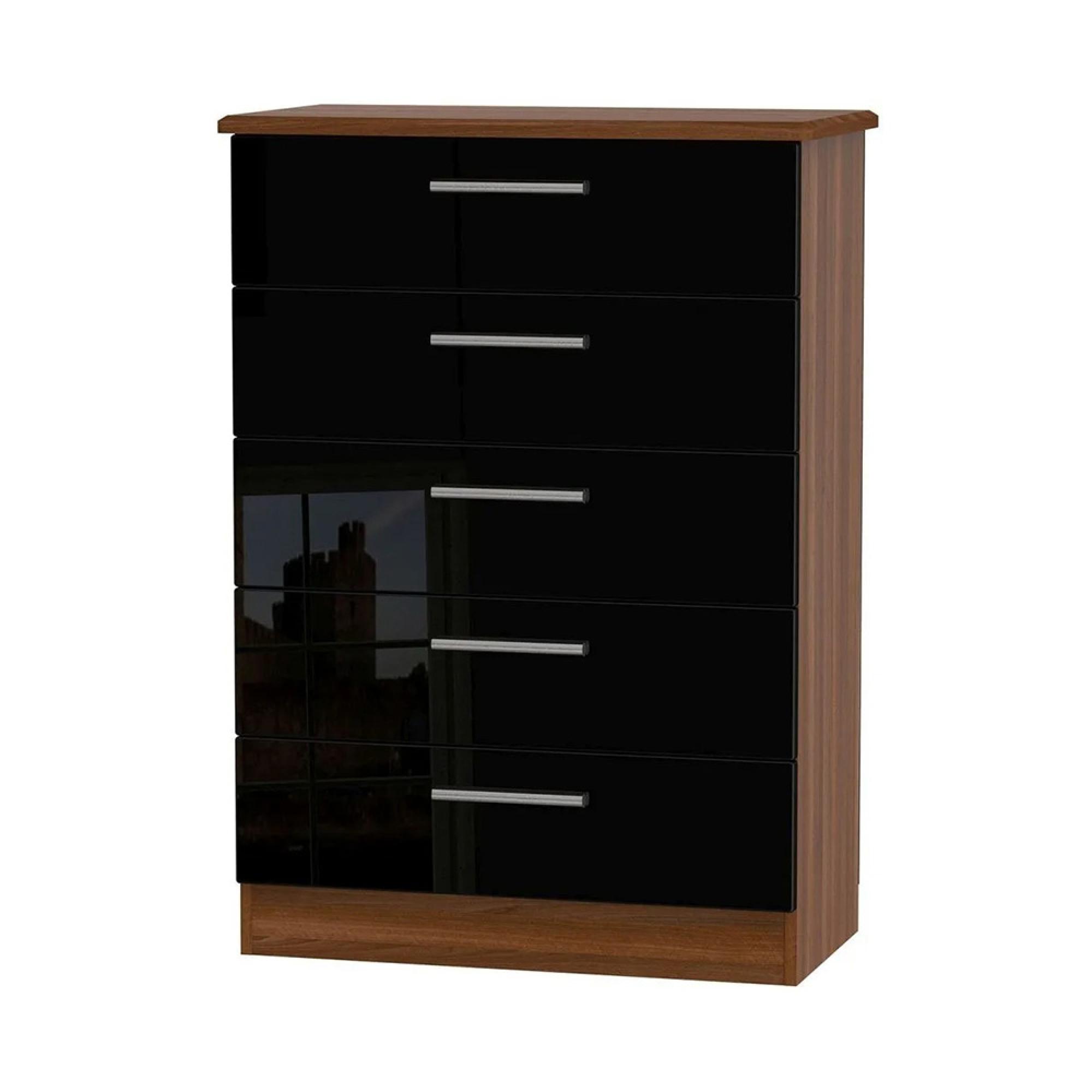 Knightsbridge Chest - 5 Drawer - Black Gloss and Walnut