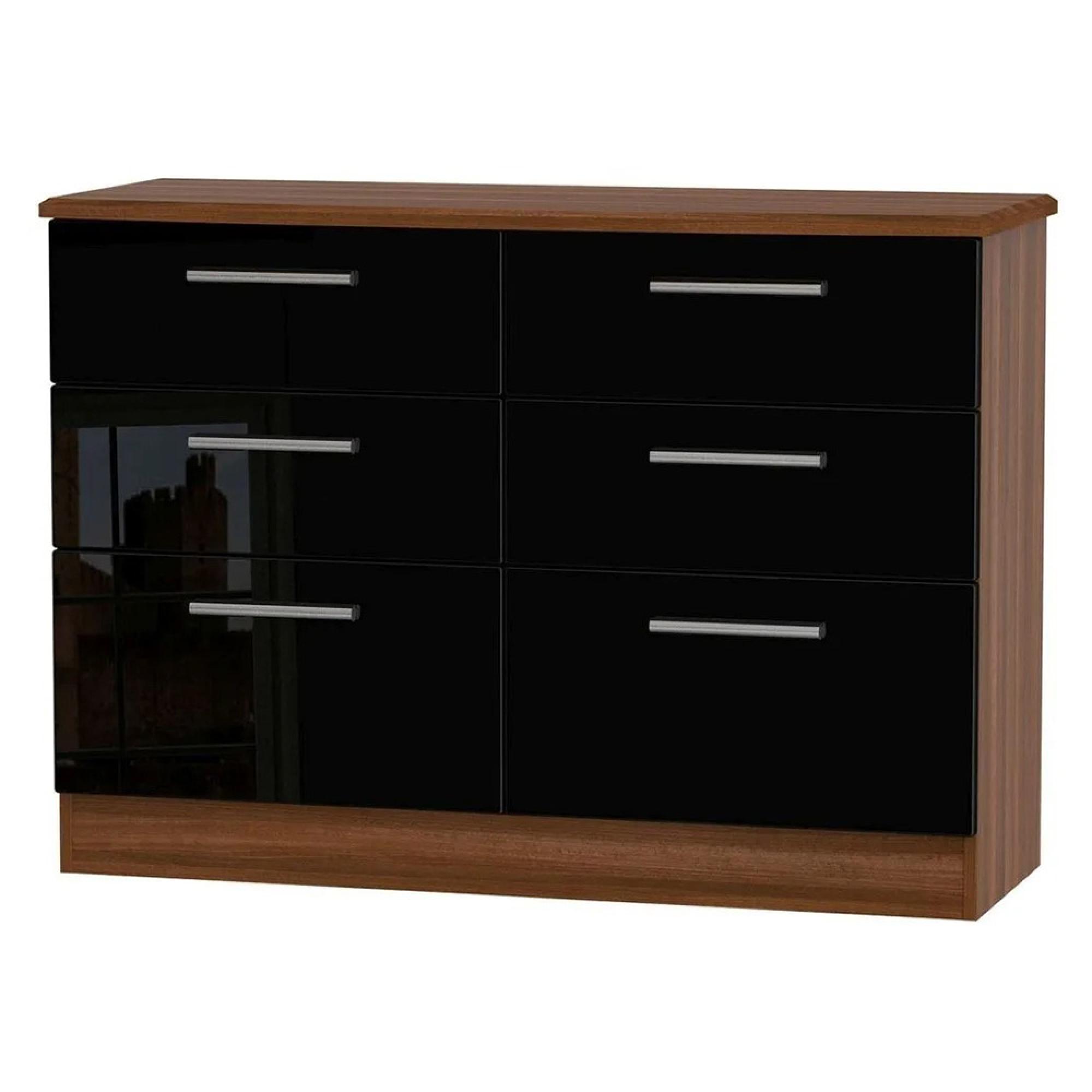 Knightsbridge Midi Chest - 6 Drawer - Black Gloss and Walnut