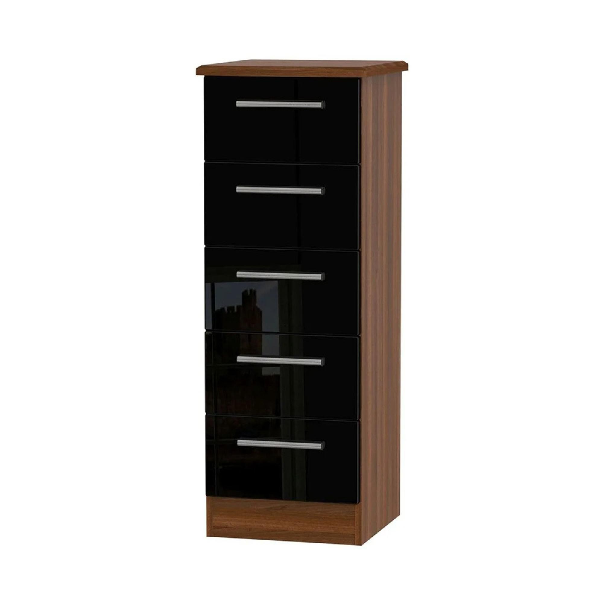 Knightsbridge Narrow Chest - 5 Drawer - Black Gloss and Walnut