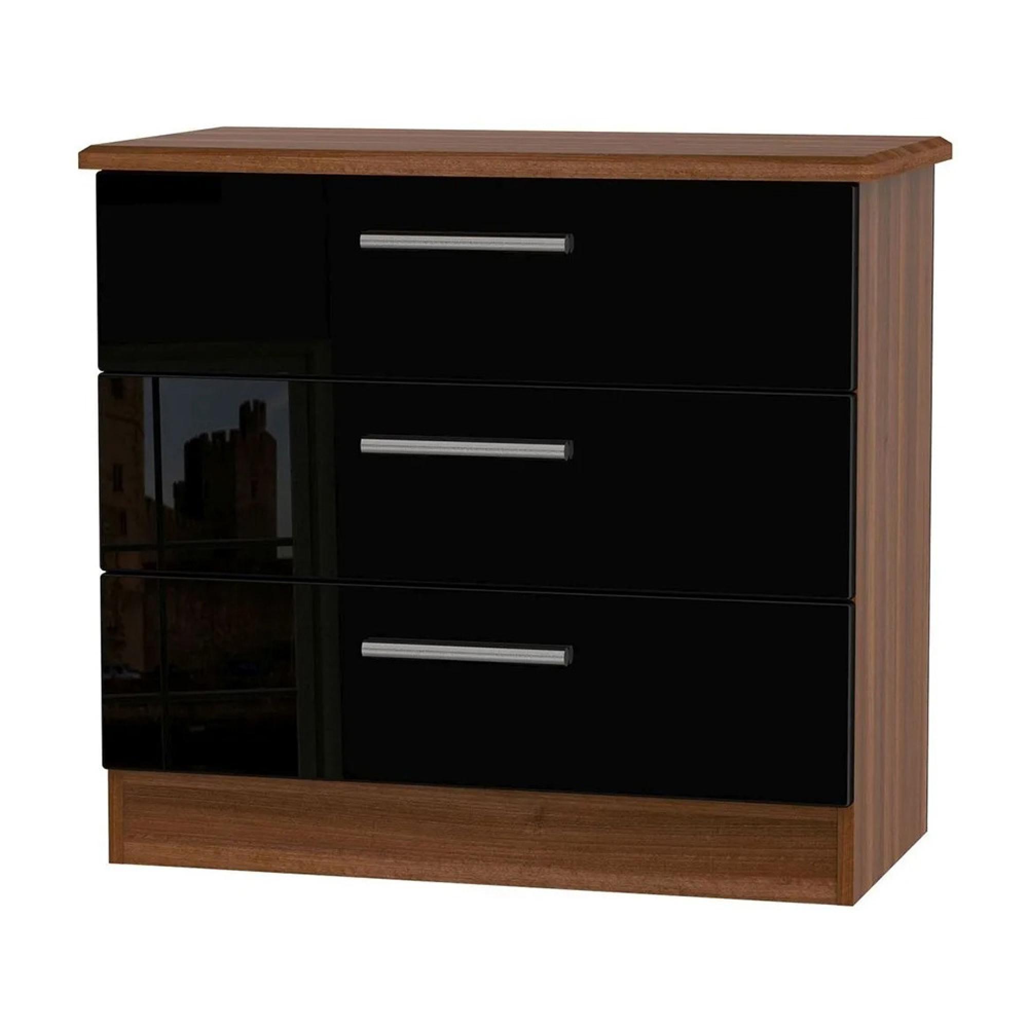 Knightsbridge Small Chest - 3 Drawer - Black Gloss and Walnut