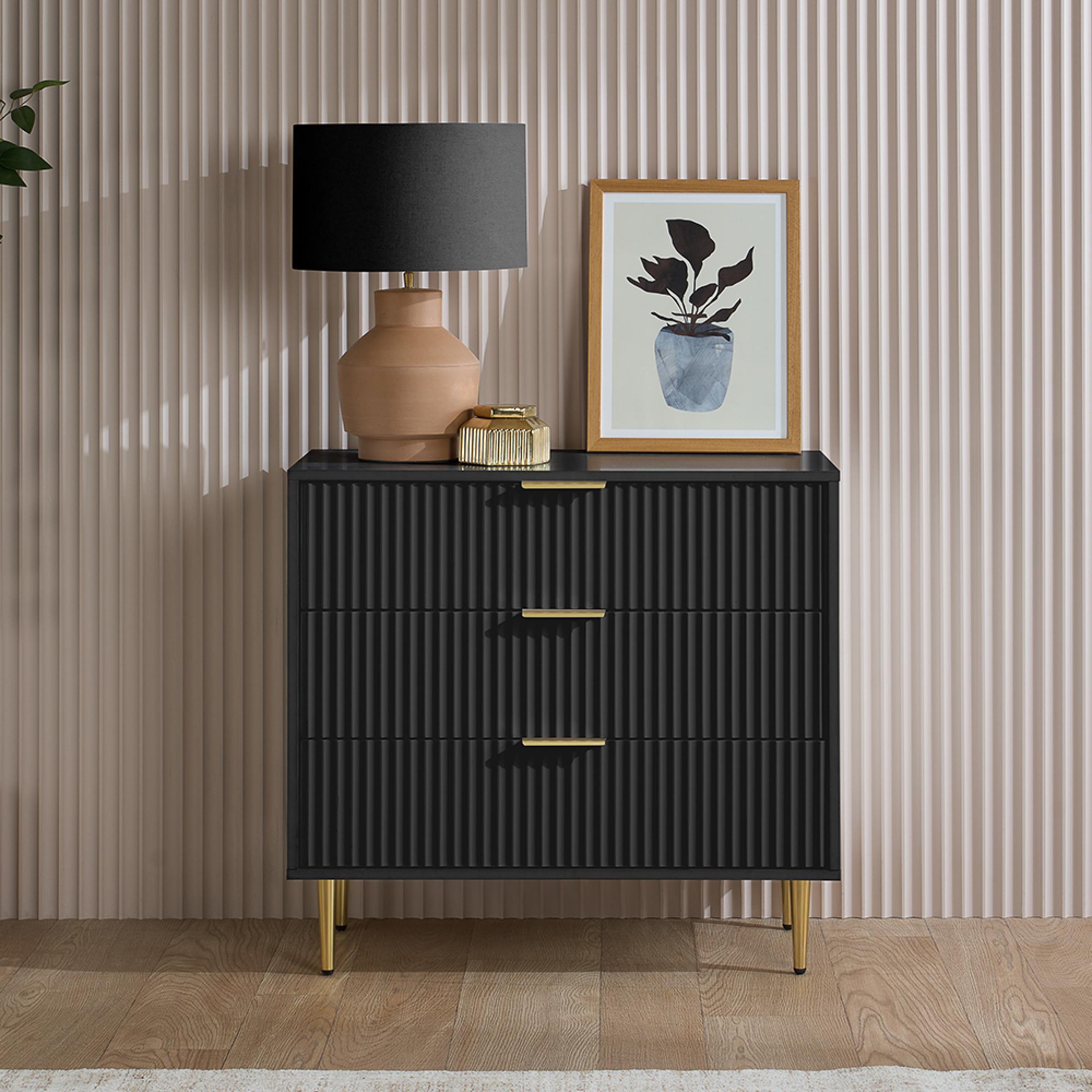 Zara Chest - 3 Drawer - Fluted - Black - Gold Legs