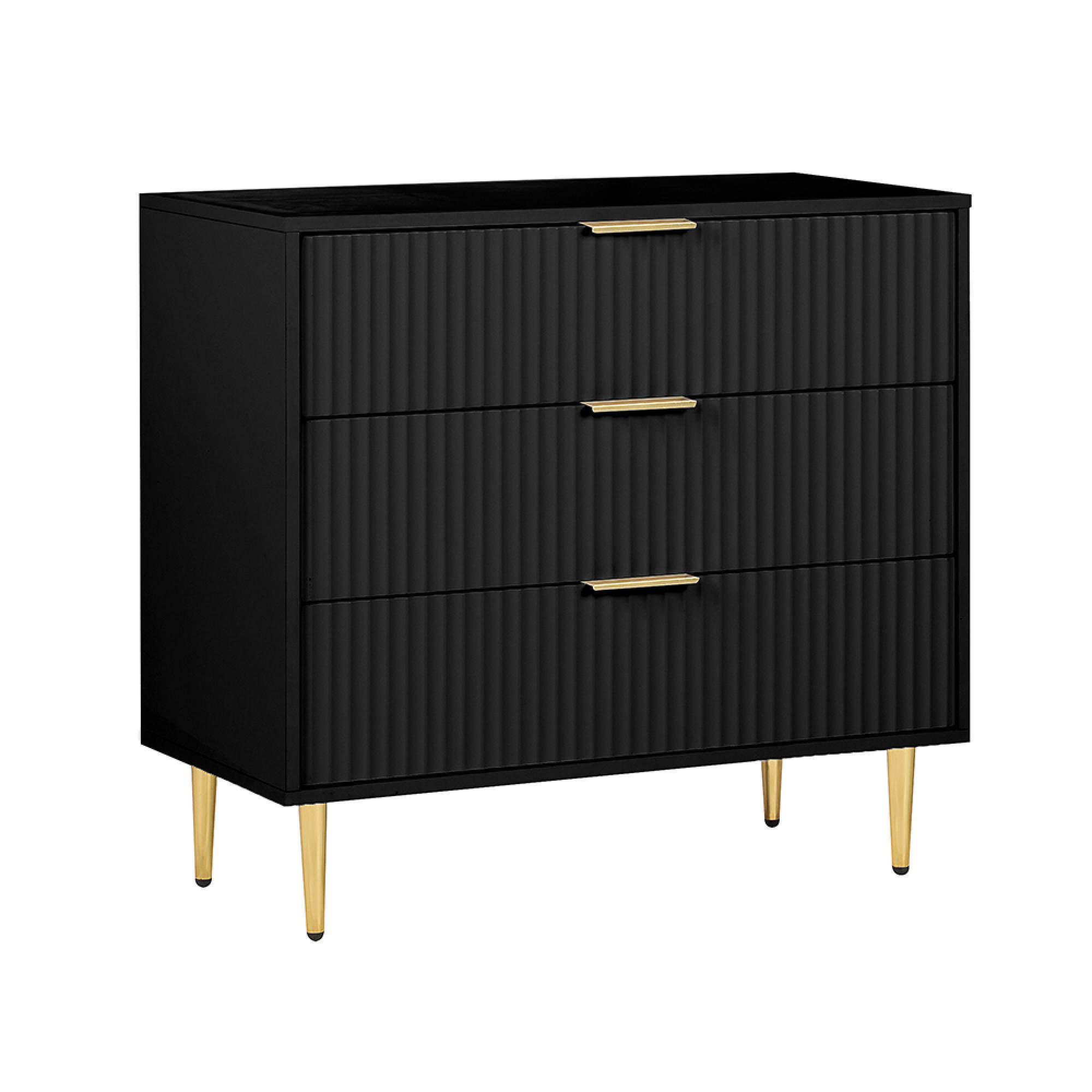 Zara Chest - 3 Drawer - Fluted - Black - Gold Legs