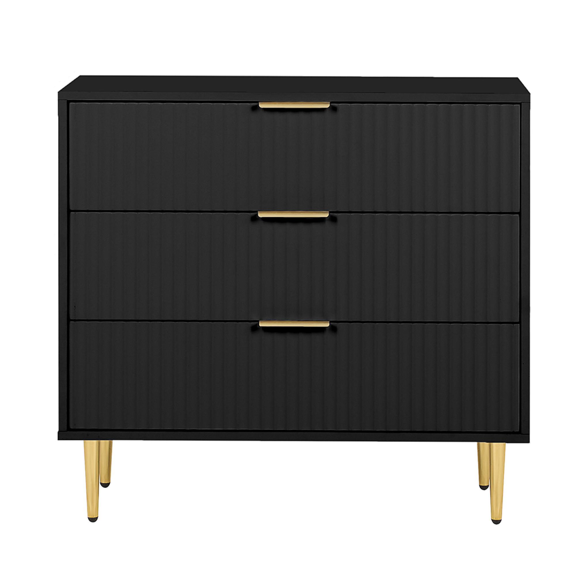 Zara Chest - 3 Drawer - Fluted - Black - Gold Legs