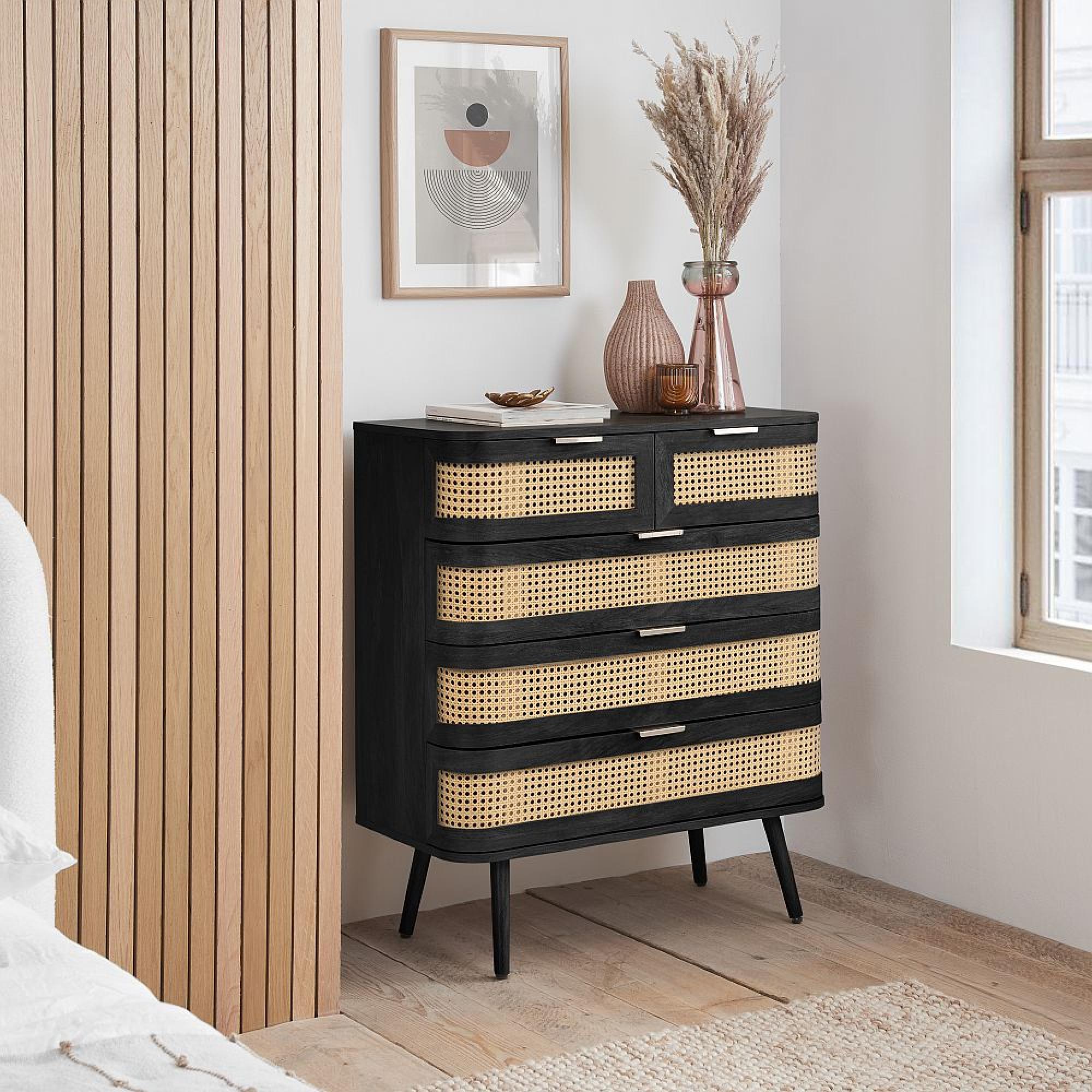 Noah Chest - 2+3 Drawer - Black and Rattan