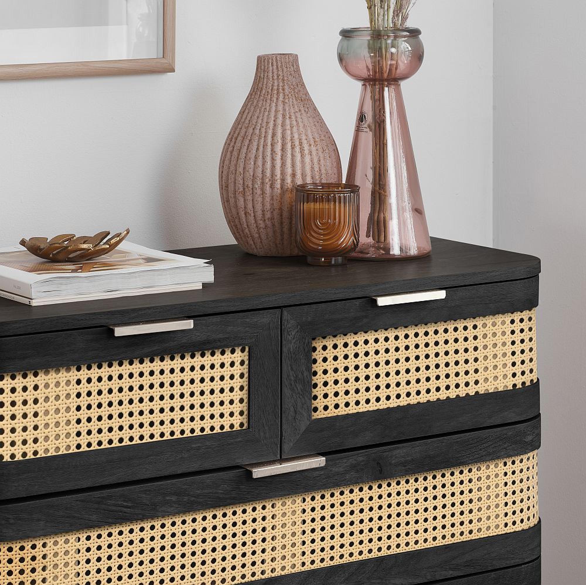 Noah Chest - 2+3 Drawer - Black and Rattan
