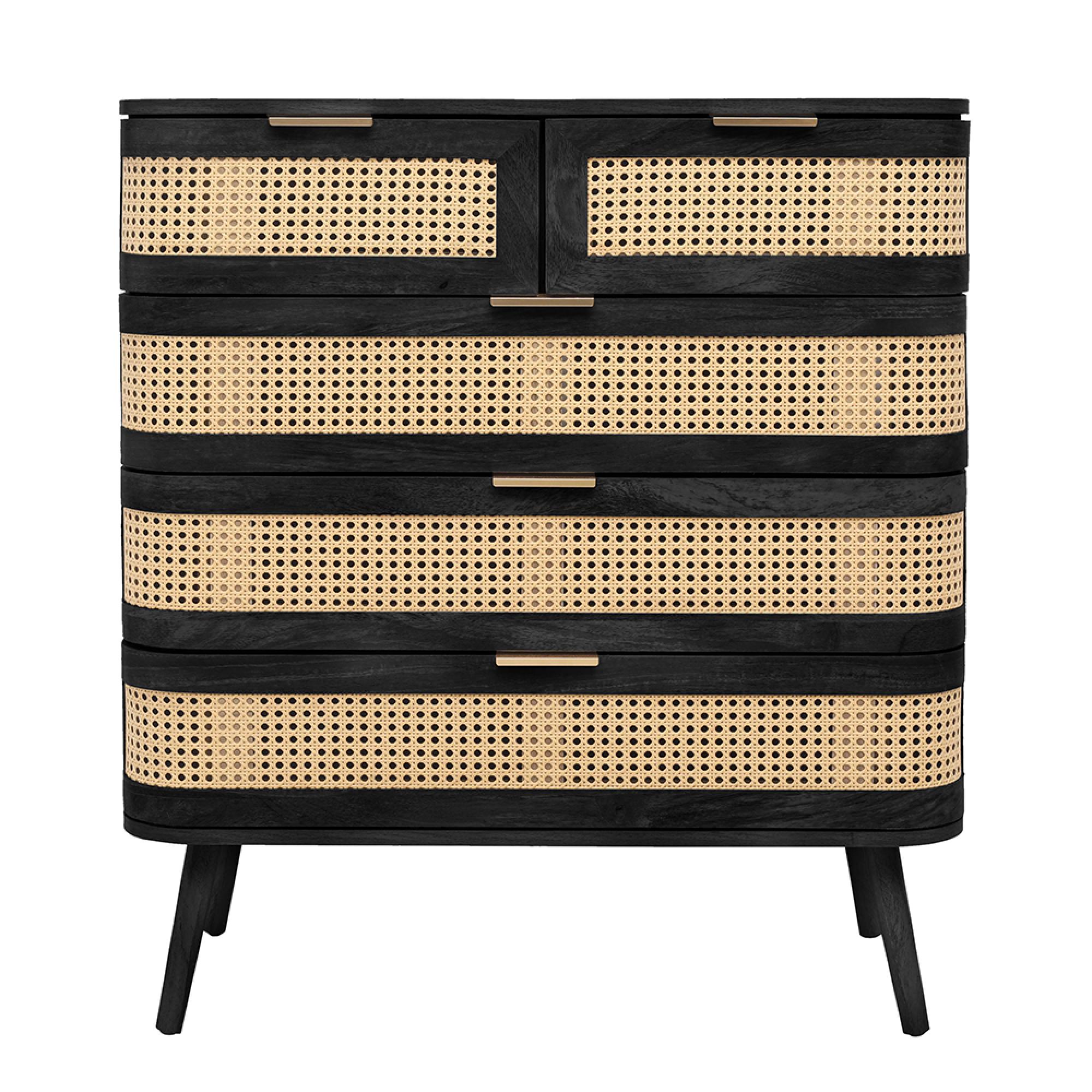 Noah Chest - 2+3 Drawer - Black and Rattan