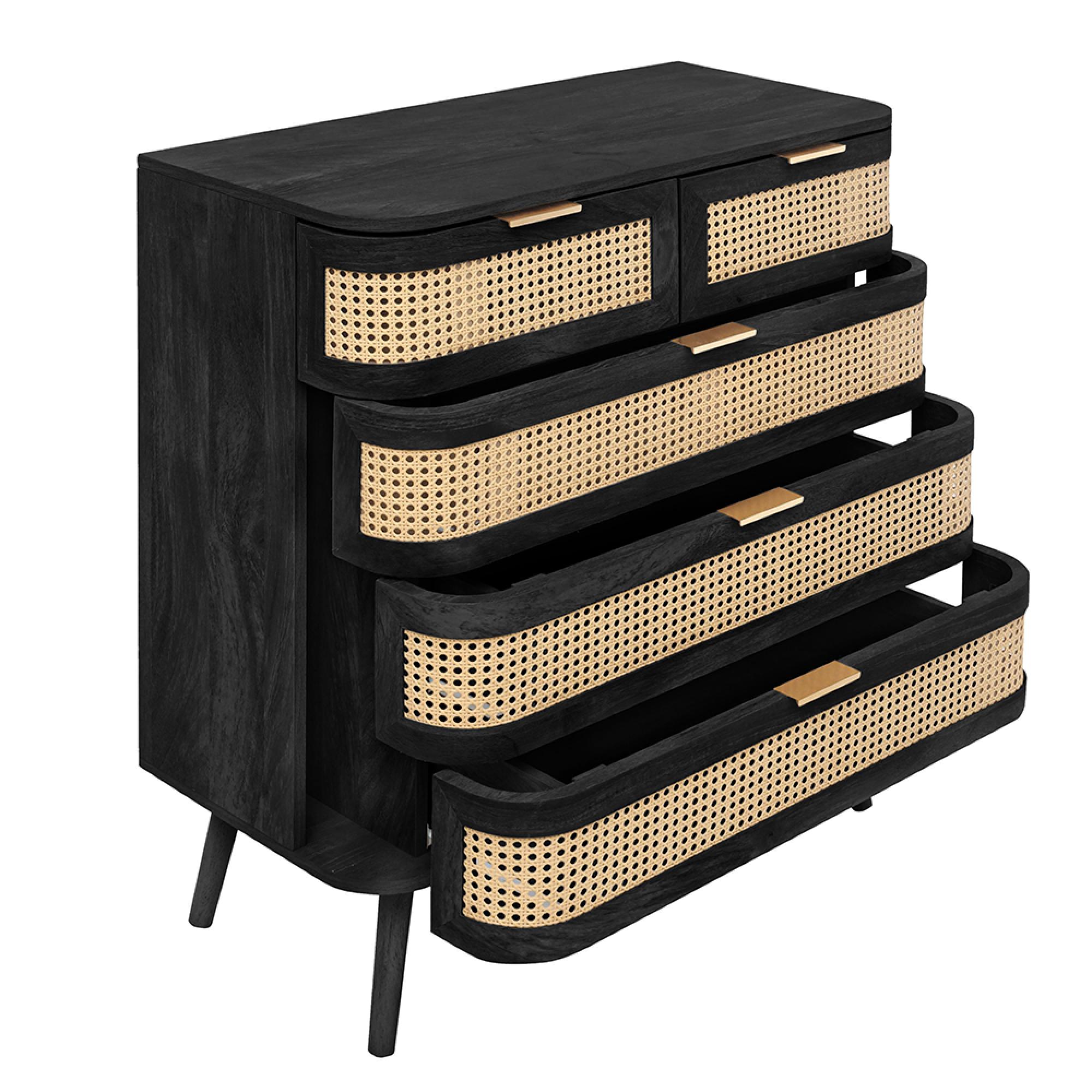 Noah Chest - 2+3 Drawer - Black and Rattan