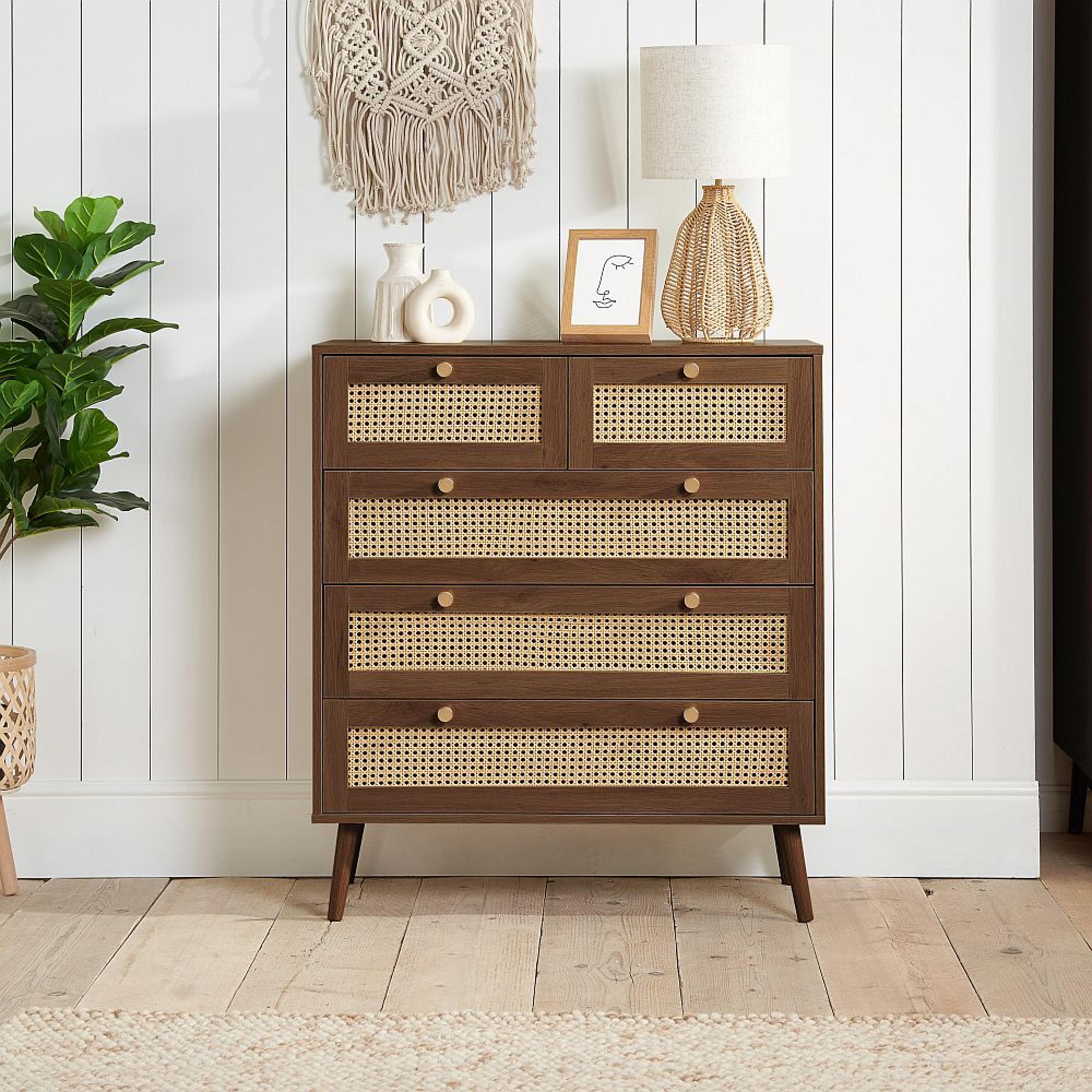 Croxley Chest - 2+3 Drawer - Walnut and Rattan