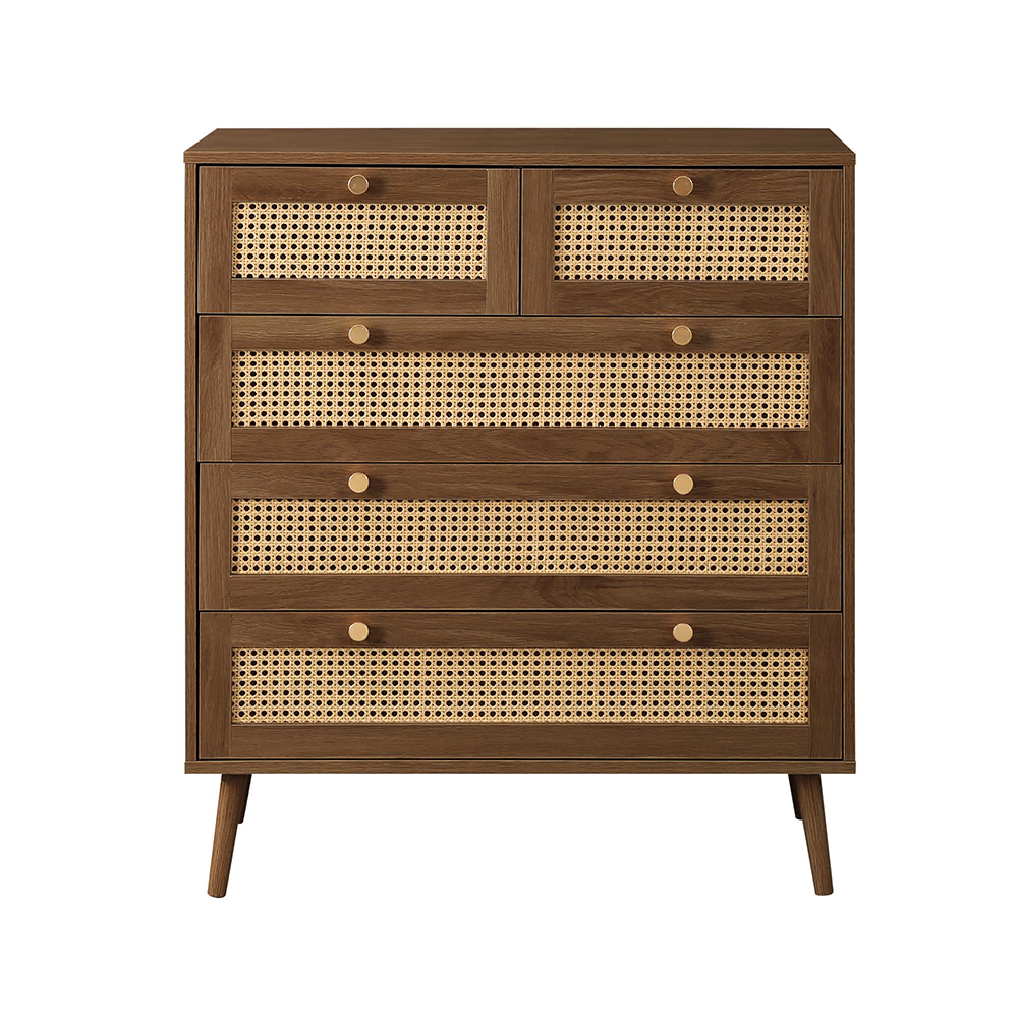 Croxley Chest - 2+3 Drawer - Walnut and Rattan