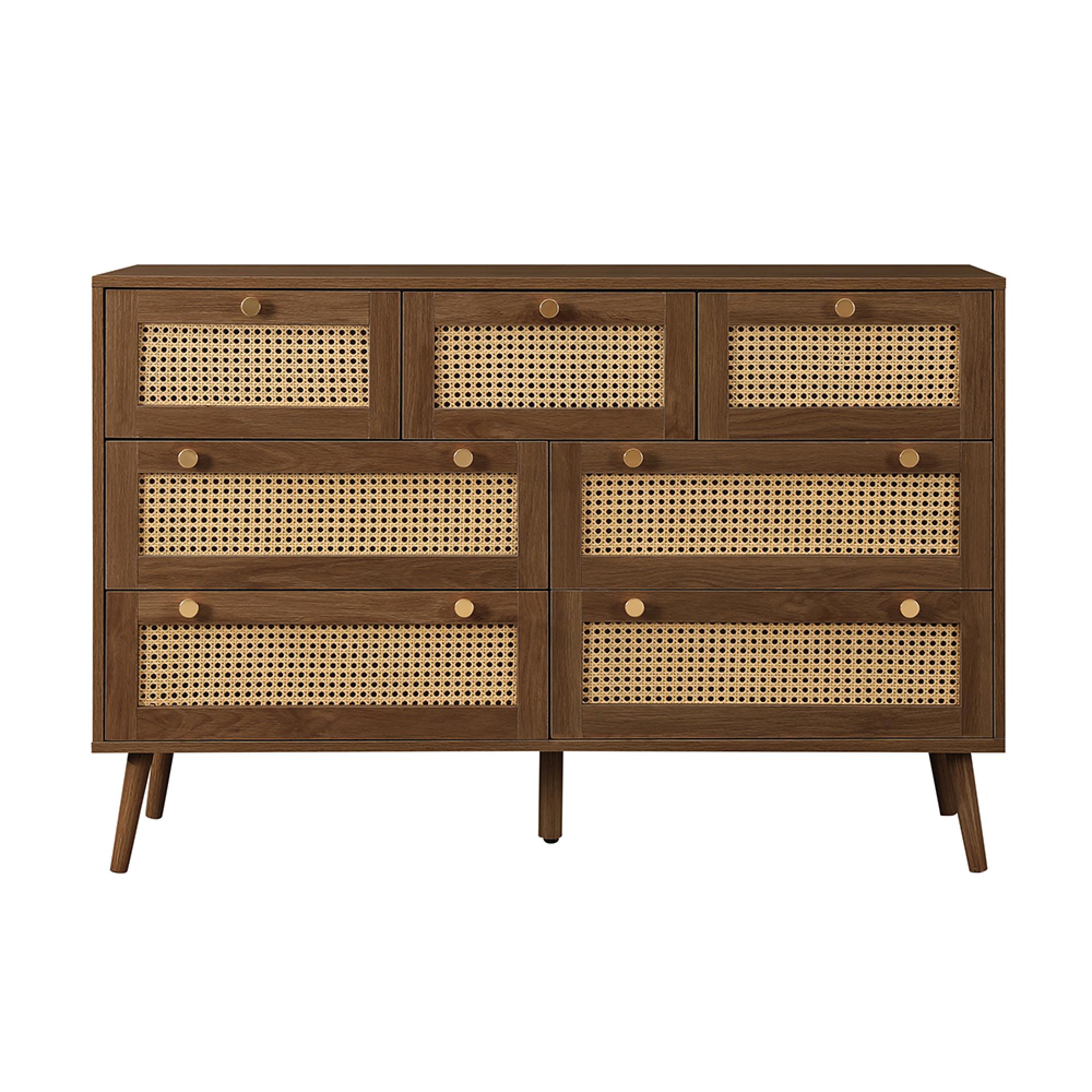 Croxley Wide Chest - 7 Drawer - Walnut and Rattan