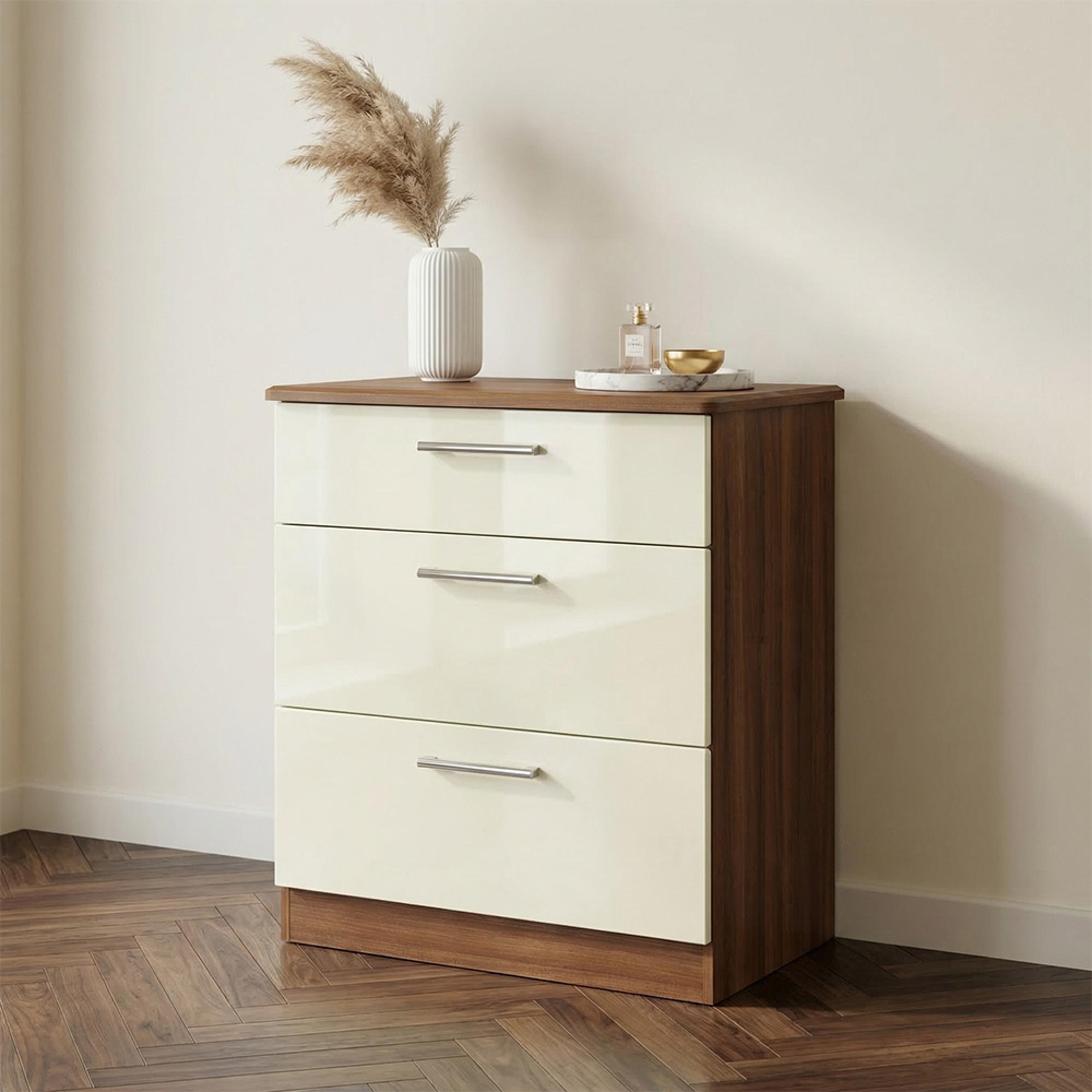 Knightsbridge Chest - Deep - 3 Drawer - Cream Gloss and Walnut