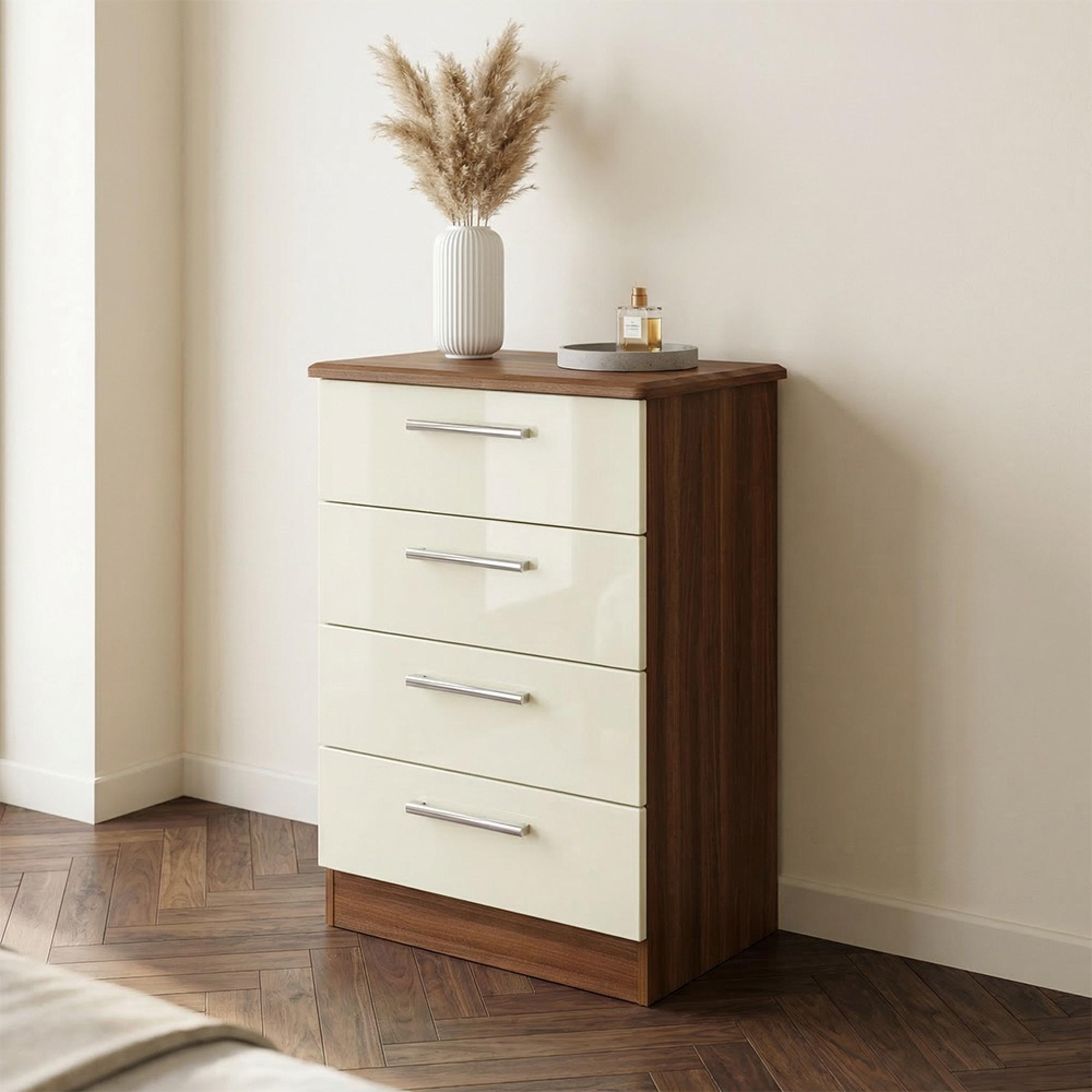 Knightsbridge Chest - Midi - 4 Drawer - Cream Gloss and Walnut