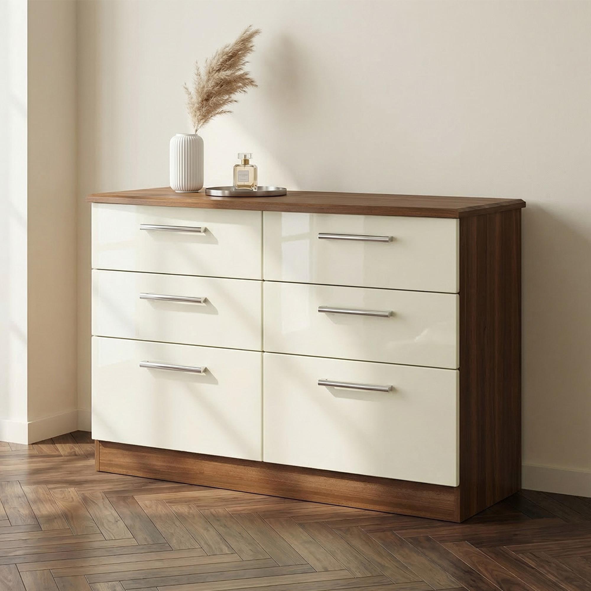 Knightsbridge Chest - Midi - 6 Drawer - Cream Gloss and Walnut