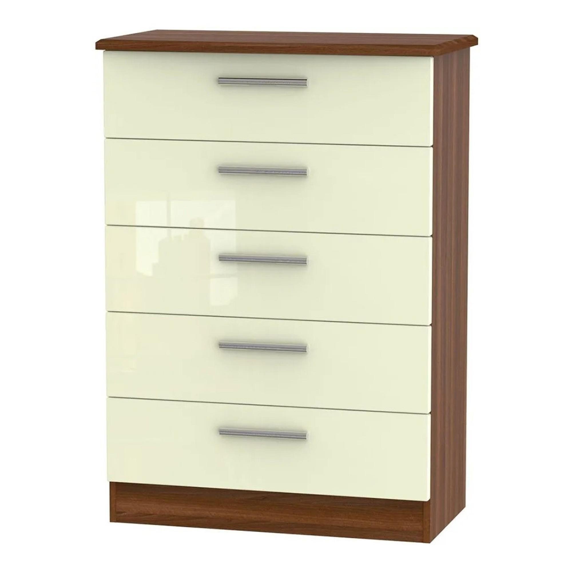 Knightsbridge Chest - 5 Drawer - Cream Gloss and Walnut