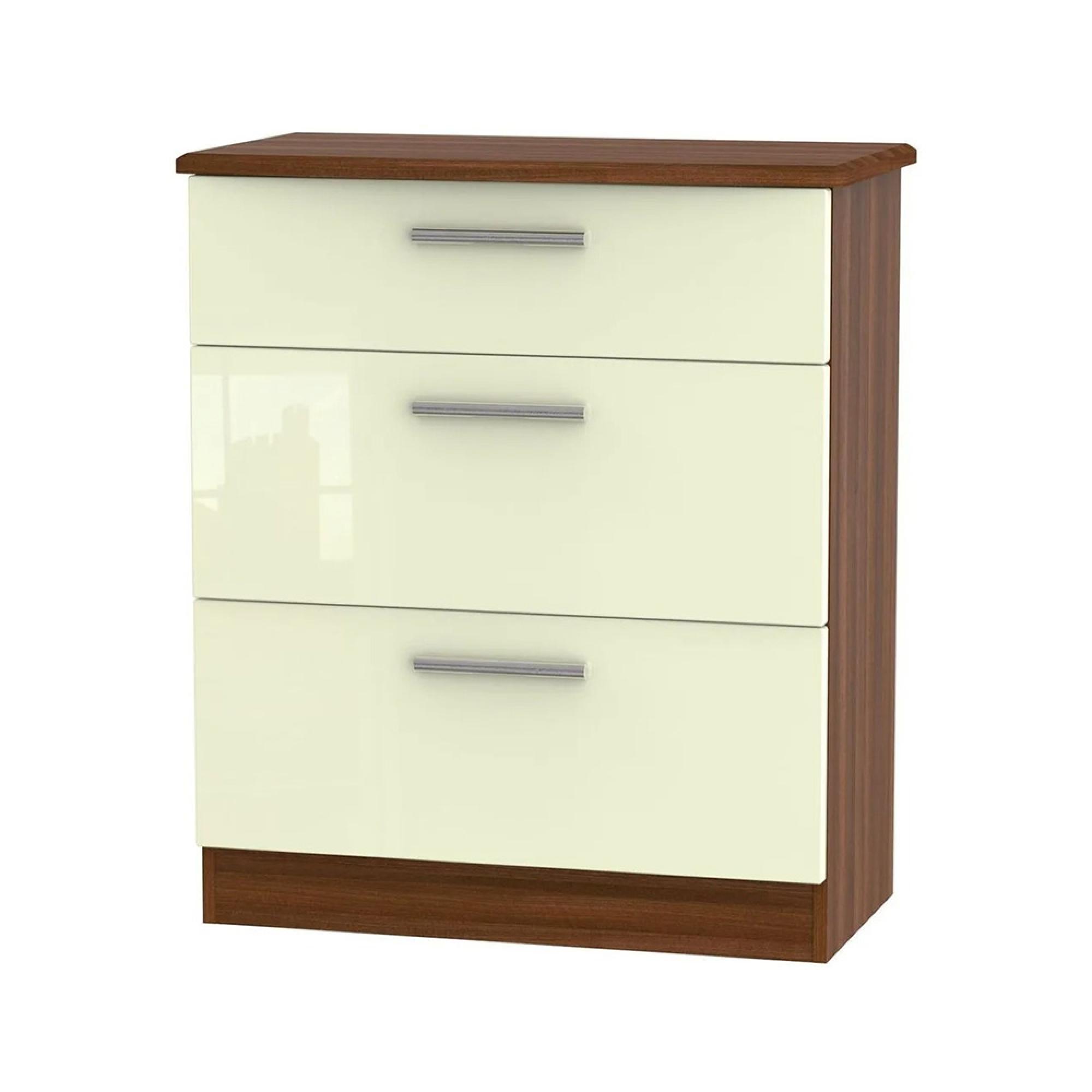 Knightsbridge Chest - Deep - 3 Drawer - Cream Gloss and Walnut