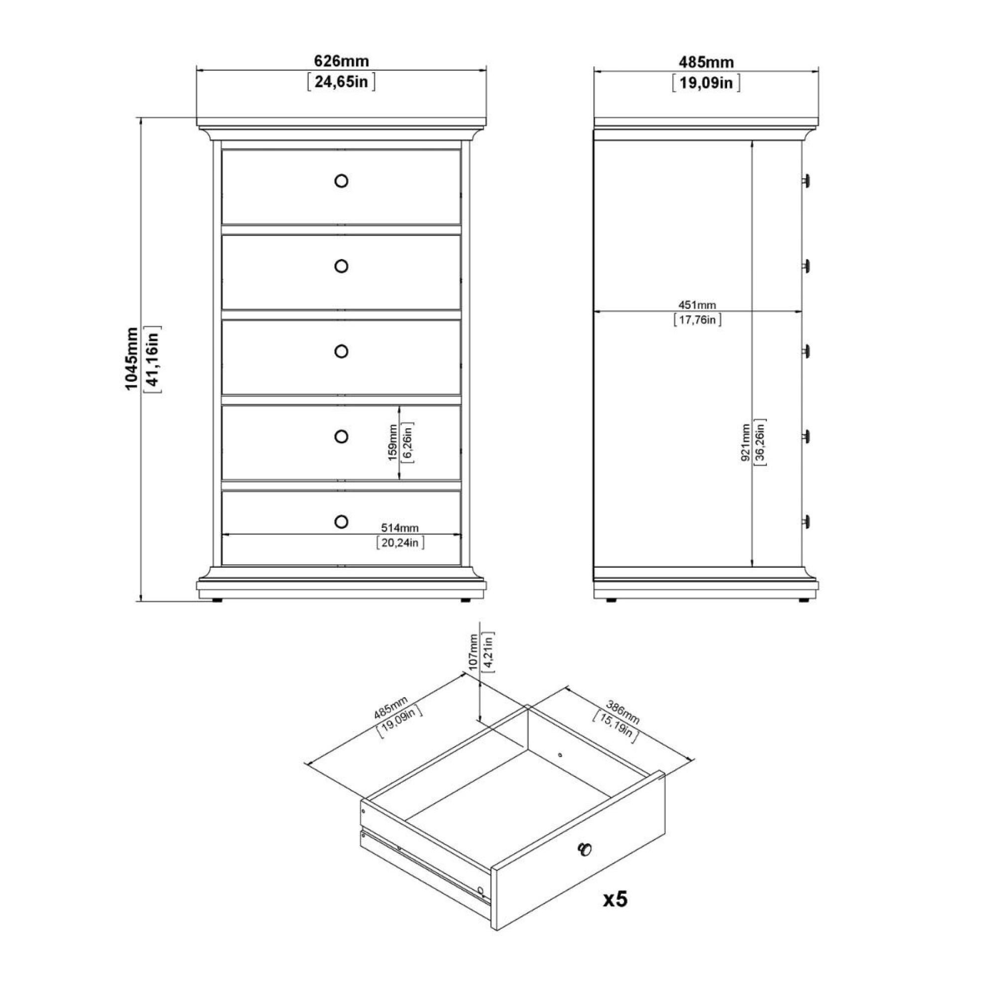 Paris Chest - 5 Drawer - Narrow - Grey