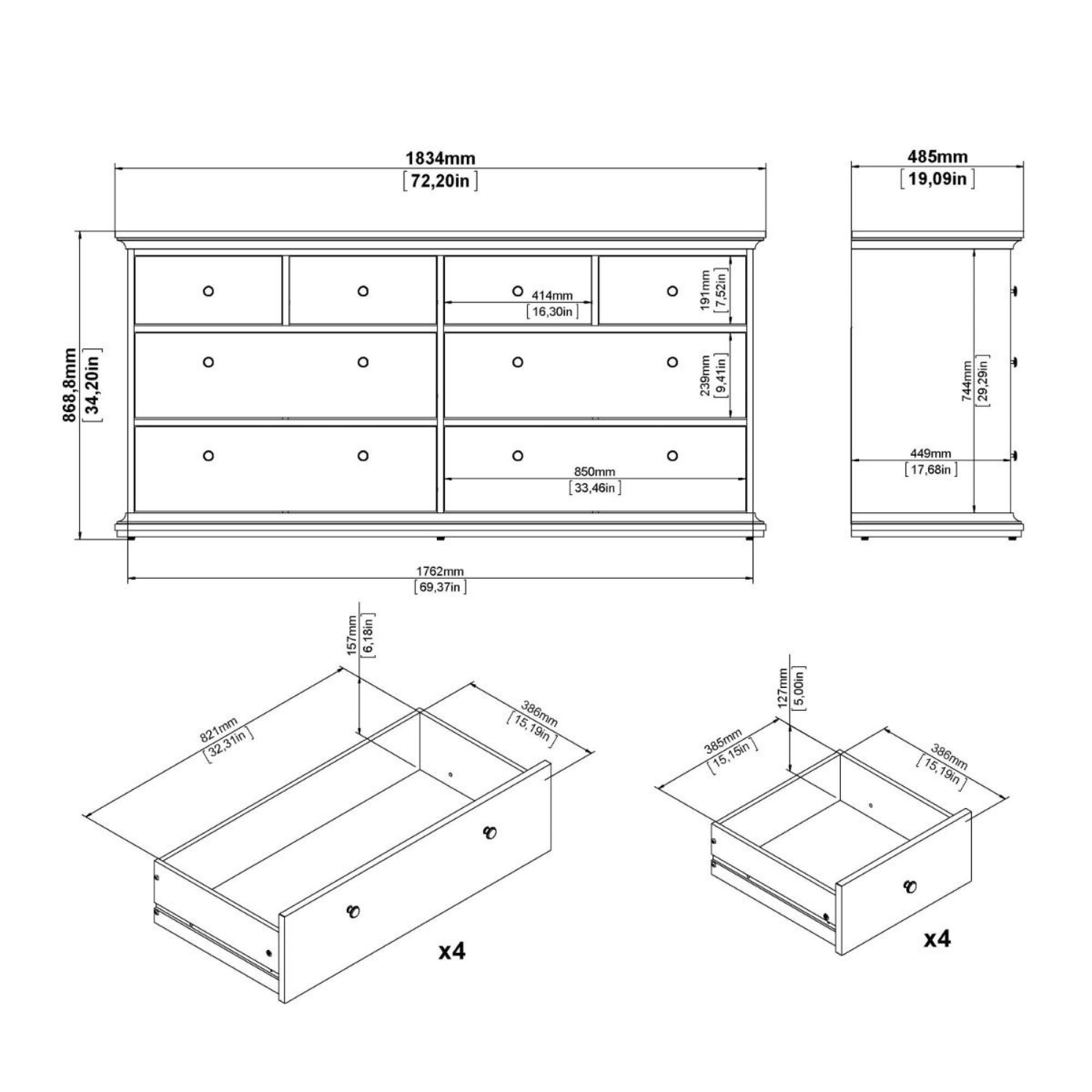 Paris Chest - 8 Drawer - Wide - Grey