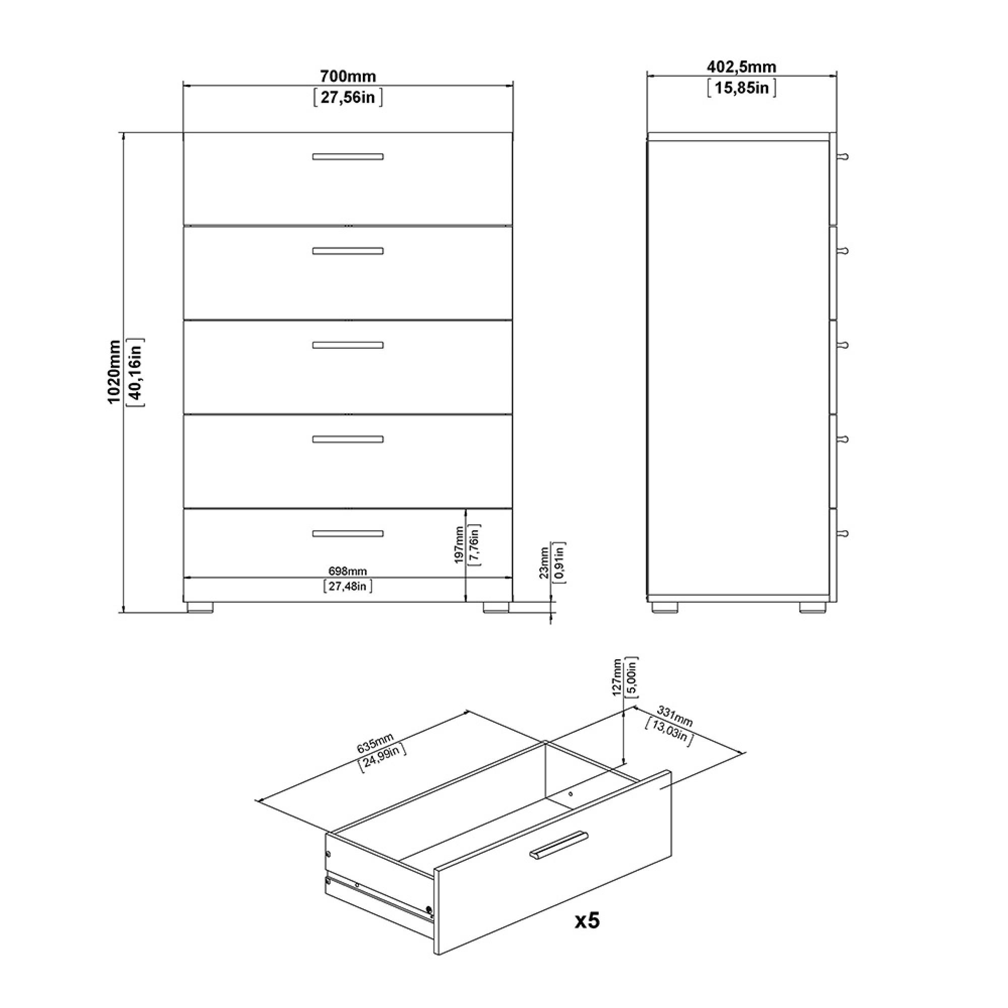 Pepe Chest - 5 Drawer - Oak and White Gloss