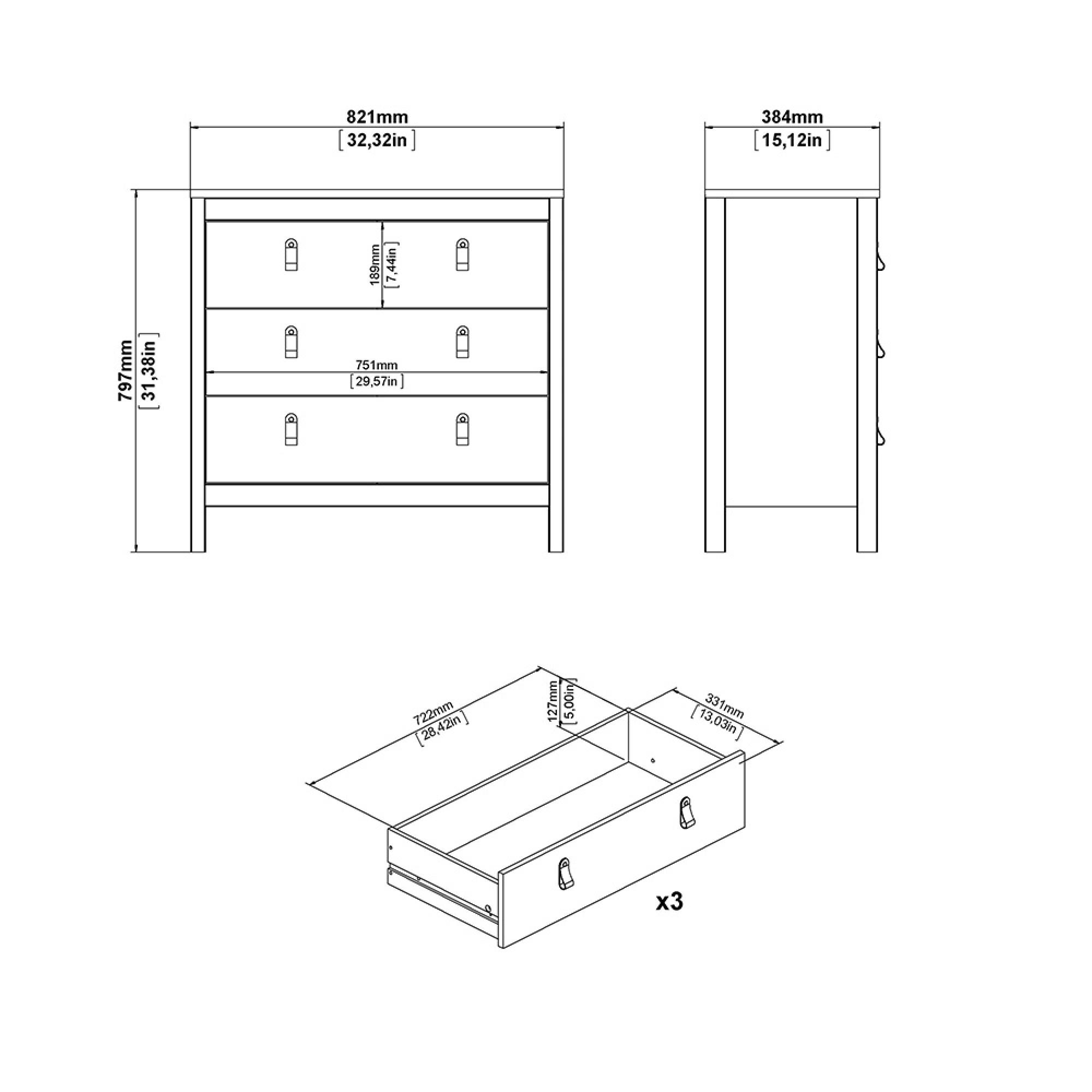 Barcelona Chest - 3 Drawer - Small - Black