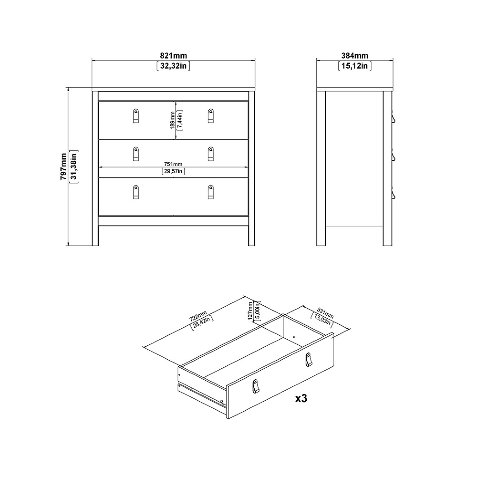 Barcelona Chest - 3 Drawer - Small - White