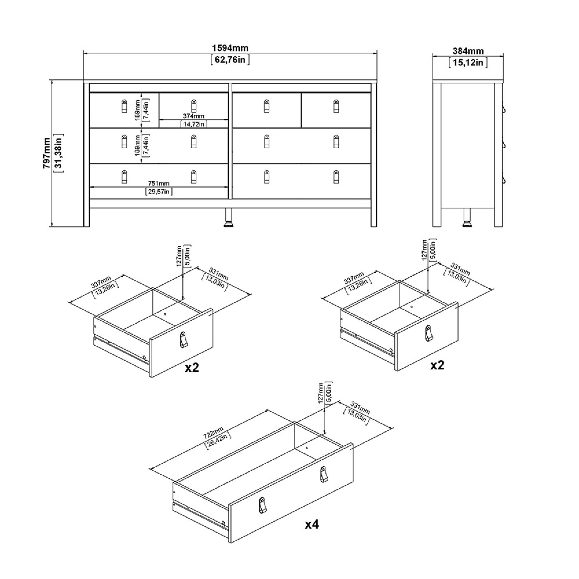Barcelona Dresser - 8 Drawer - Wide - White