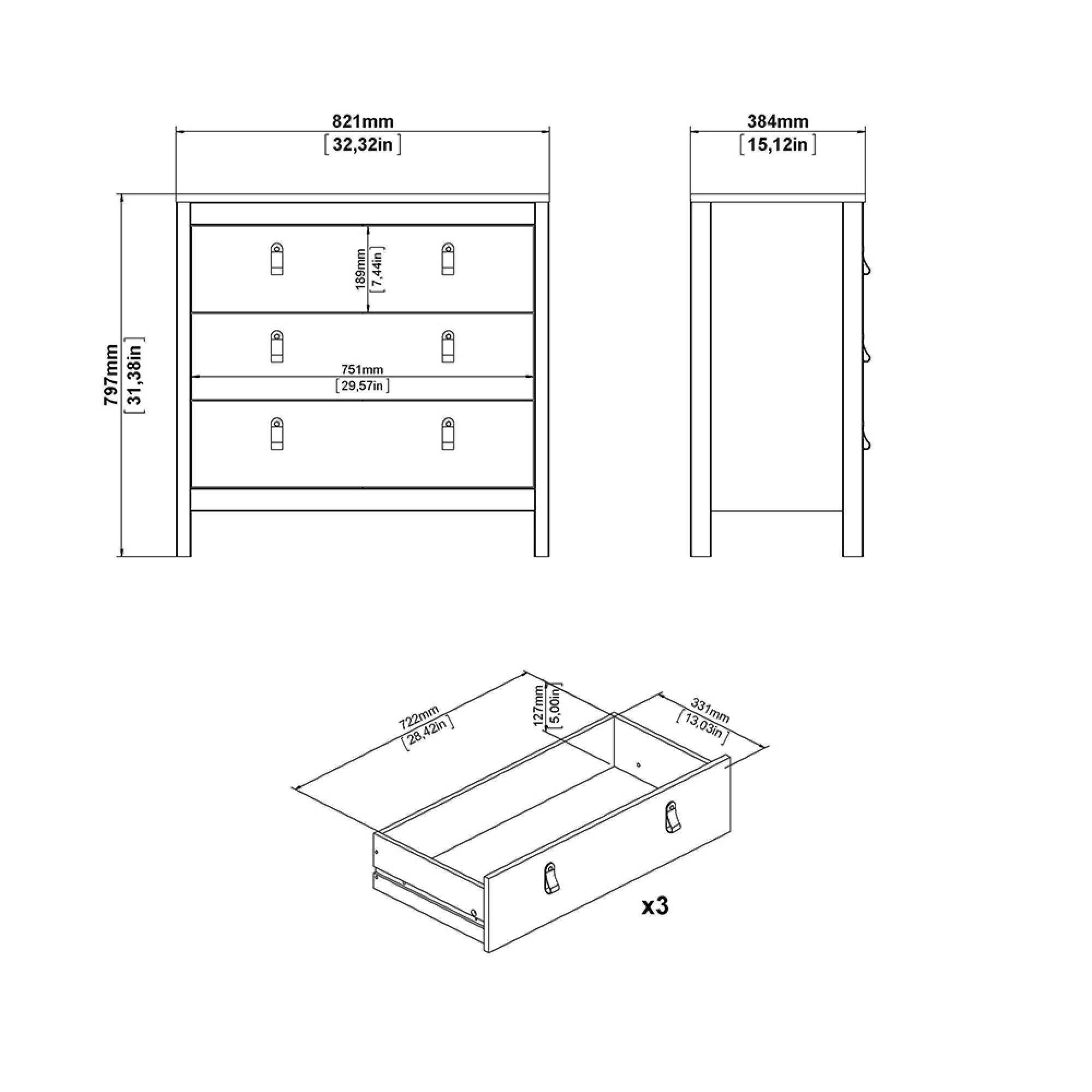 Madrid Chest - 3 Drawer - Small - Black