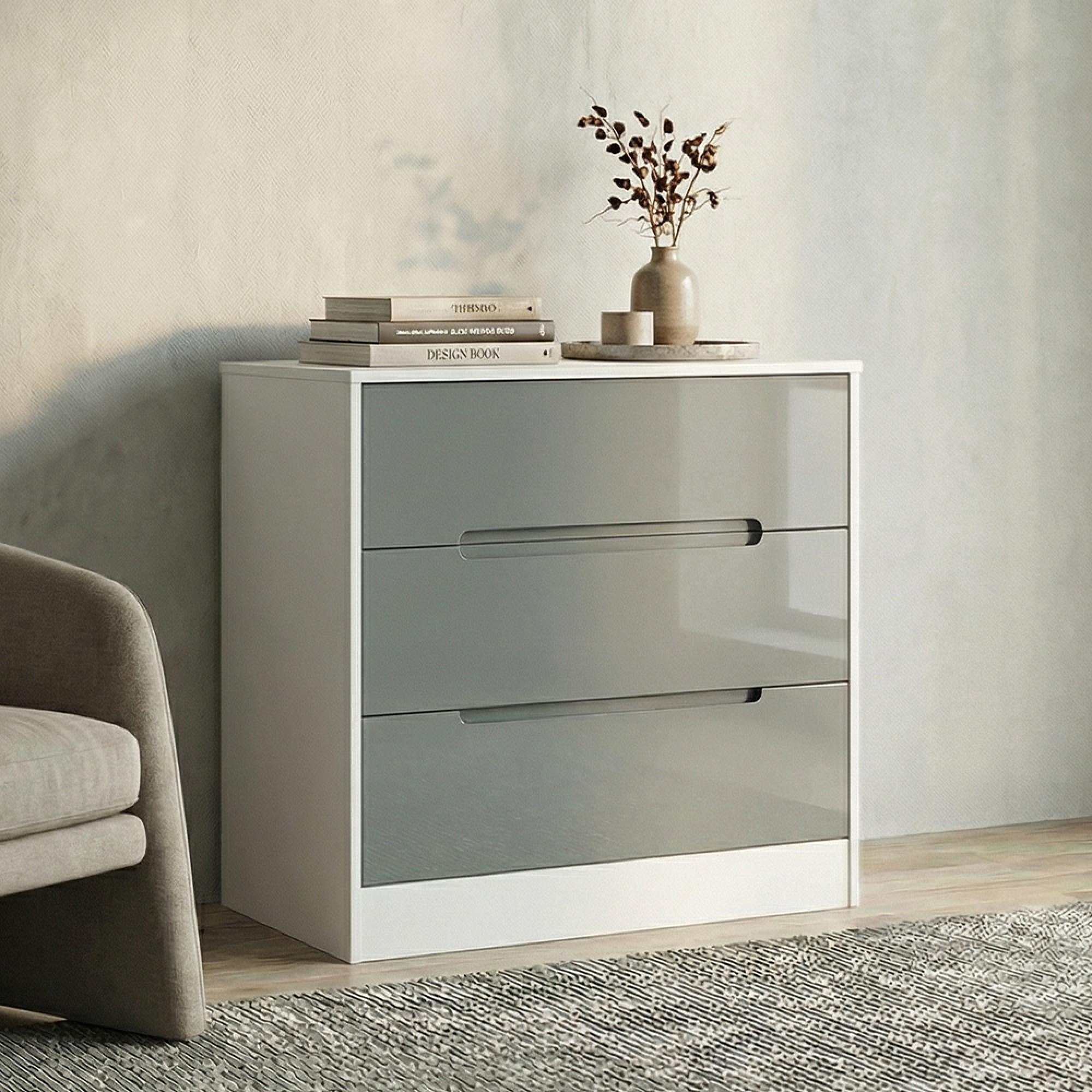 Monaco Chest - Deep - 3 Drawer - Grey Gloss and White
