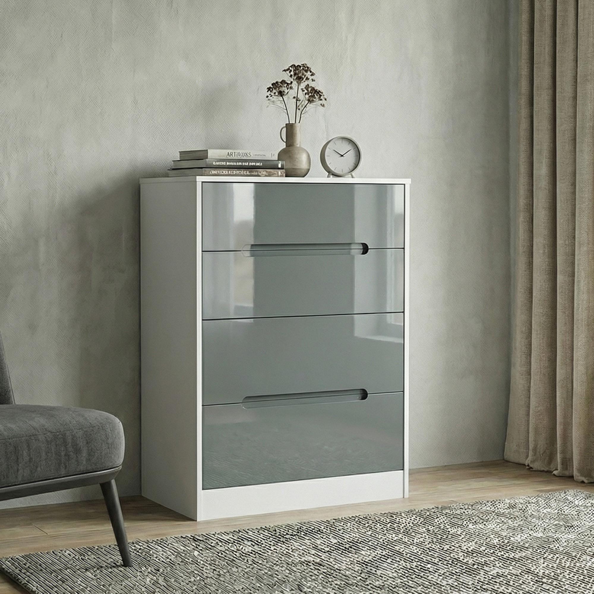 Monaco Chest - Deep - 4 Drawer - Grey Gloss and White