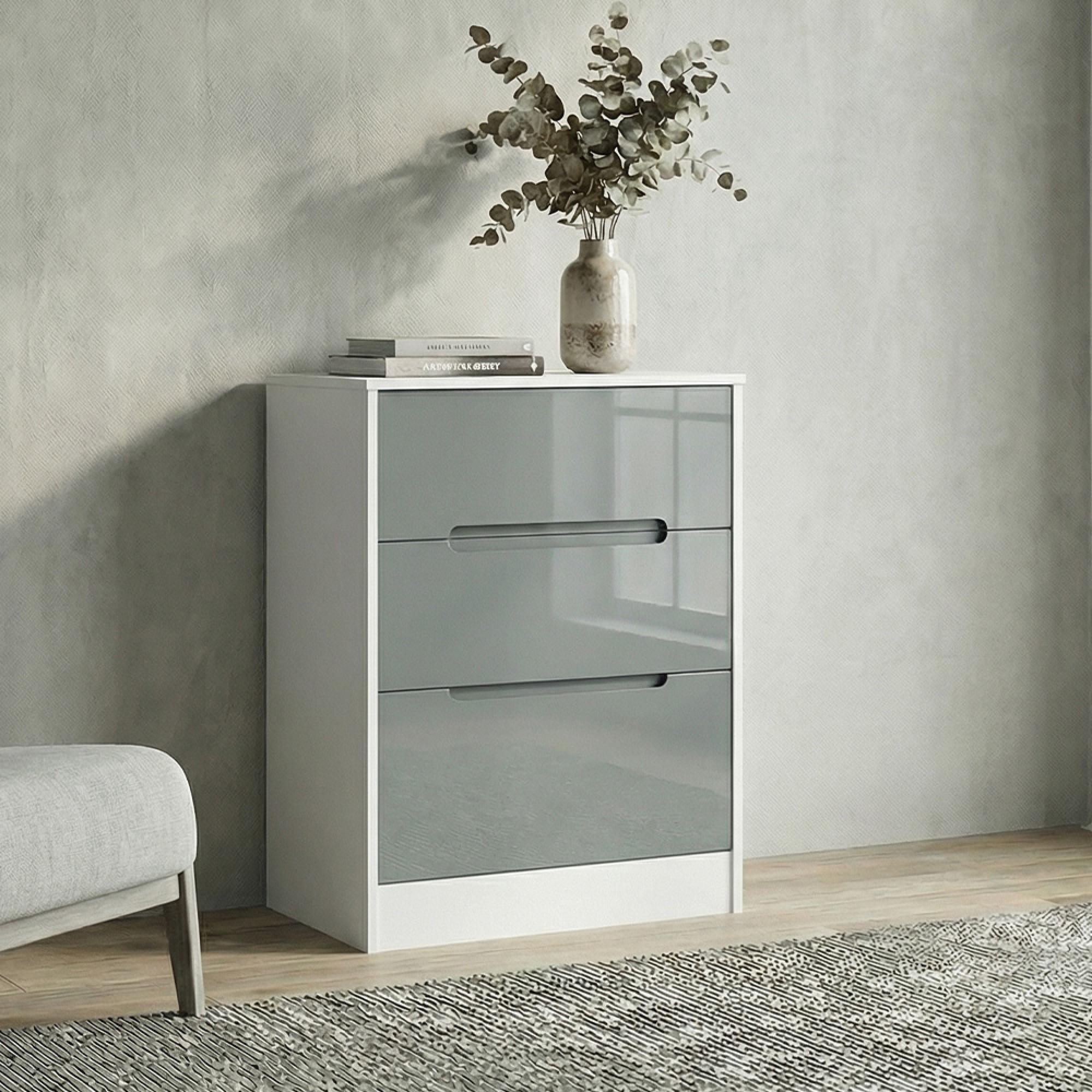 Monaco Chest - Deep Midi - 3 Drawer - Grey Gloss and White